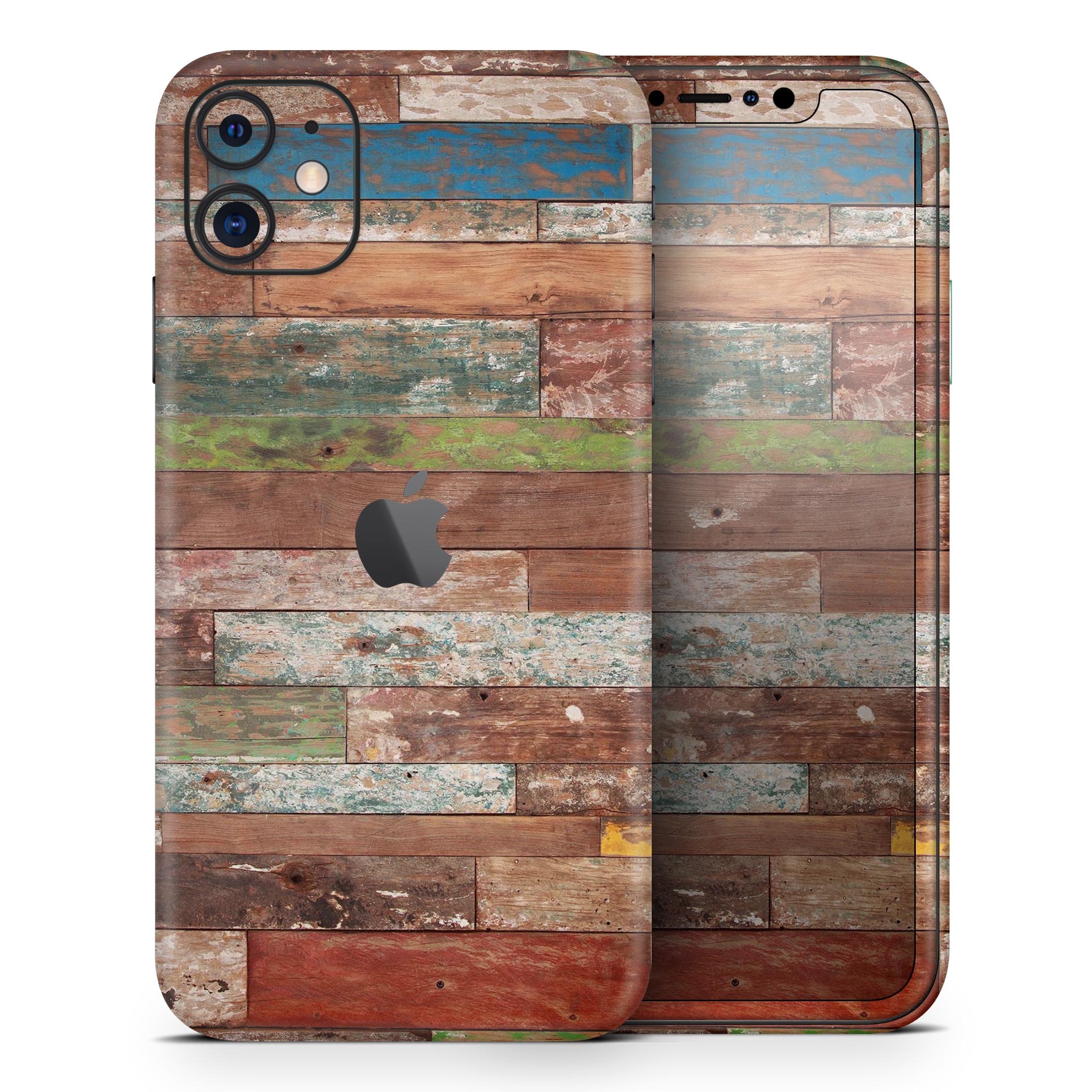 Vintage Wood Planks Skin-Kit for Apple iPhone 14, showcasing a stylish wood design on a sleek phone surface.