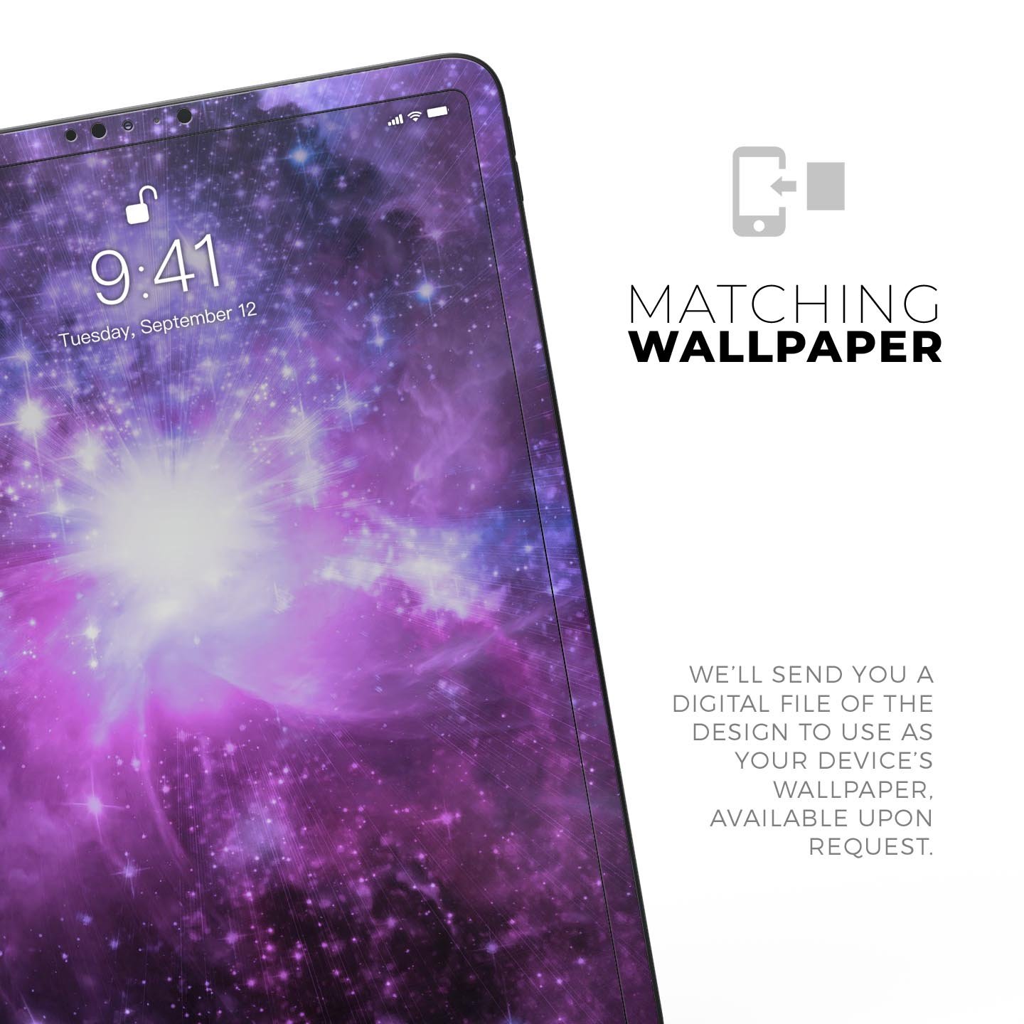 Violet Glowing Nebula skin decal for Apple iPad Pro, showcasing vibrant colors and a cosmic design.