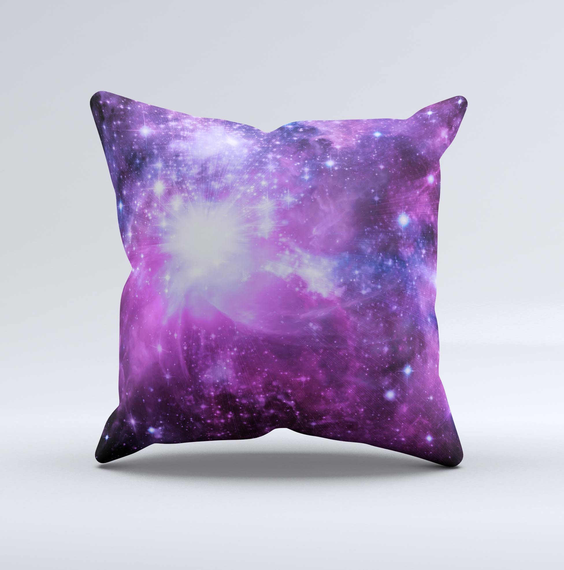 Violet Glowing Nebula Ink-Fuzed Decorative Throw Pillow showcasing vibrant colors and unique design, handcrafted in Virginia.