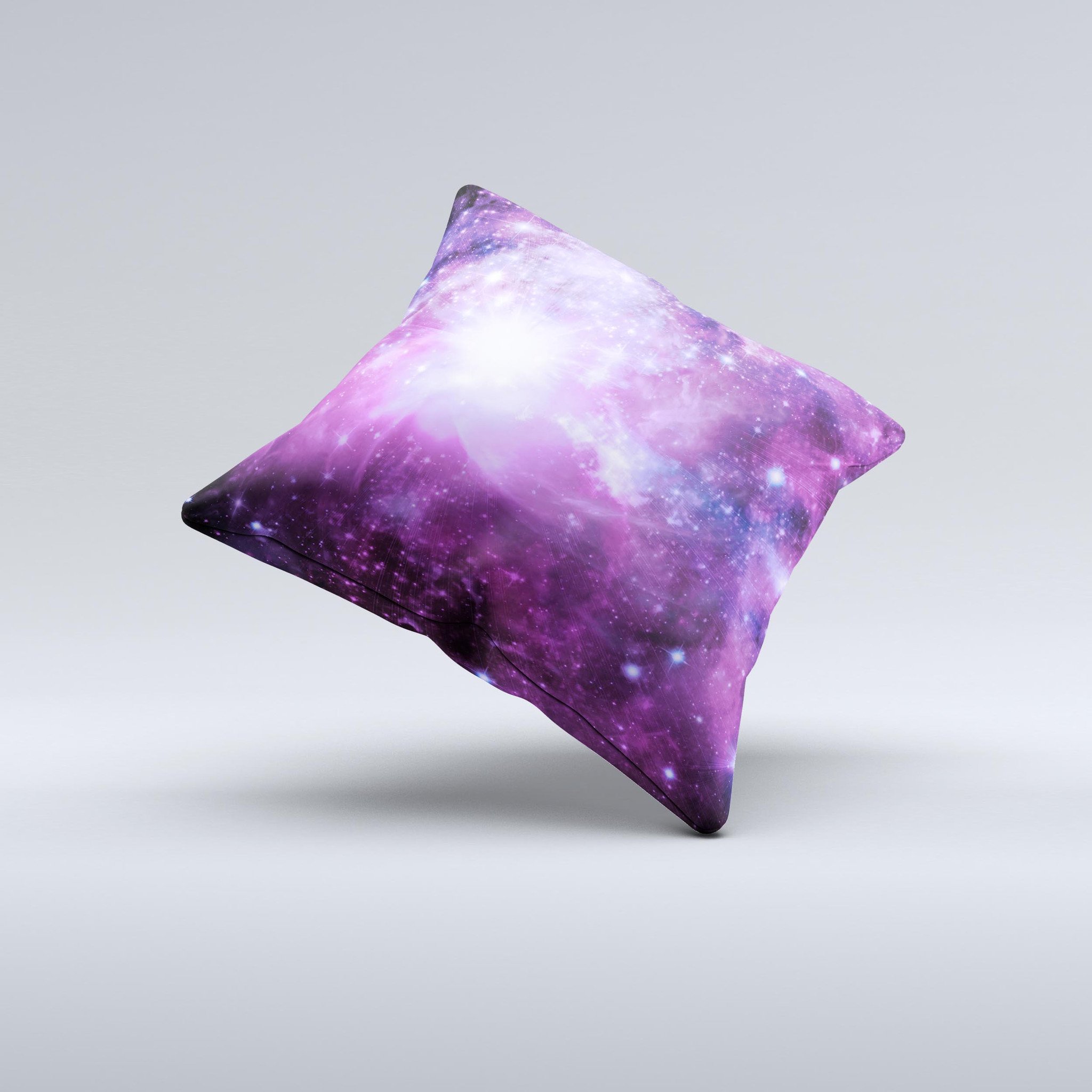 Violet Glowing Nebula Ink-Fuzed Decorative Throw Pillow showcasing vibrant colors and unique design, handcrafted in Virginia.