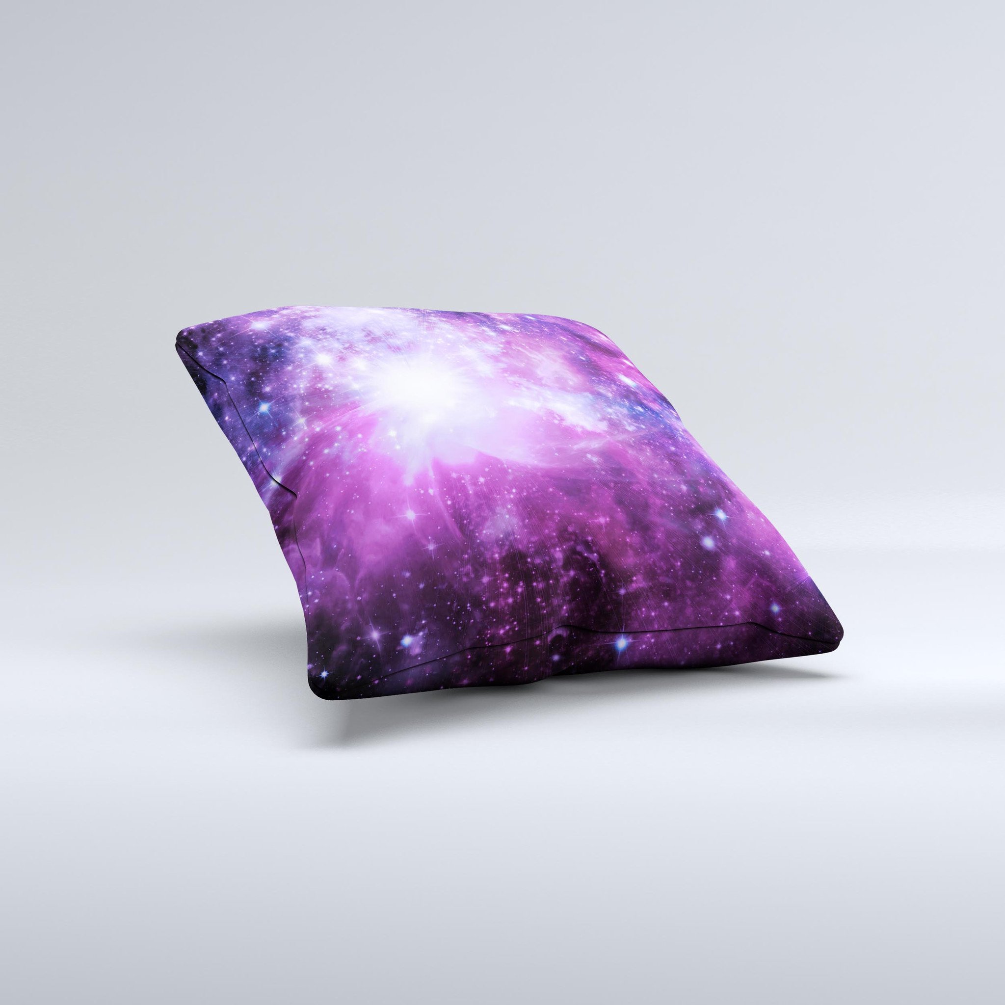 Violet Glowing Nebula Ink-Fuzed Decorative Throw Pillow showcasing vibrant colors and unique design, handcrafted in Virginia.