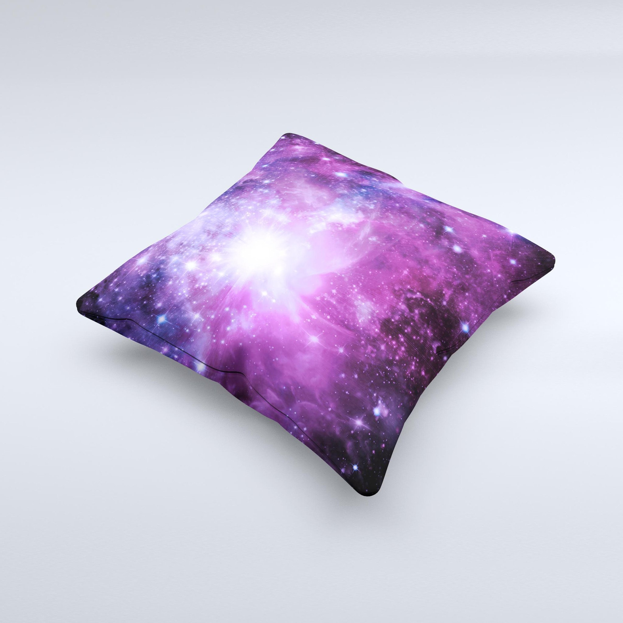 Violet Glowing Nebula Ink-Fuzed Decorative Throw Pillow showcasing vibrant colors and unique design, handcrafted in Virginia.