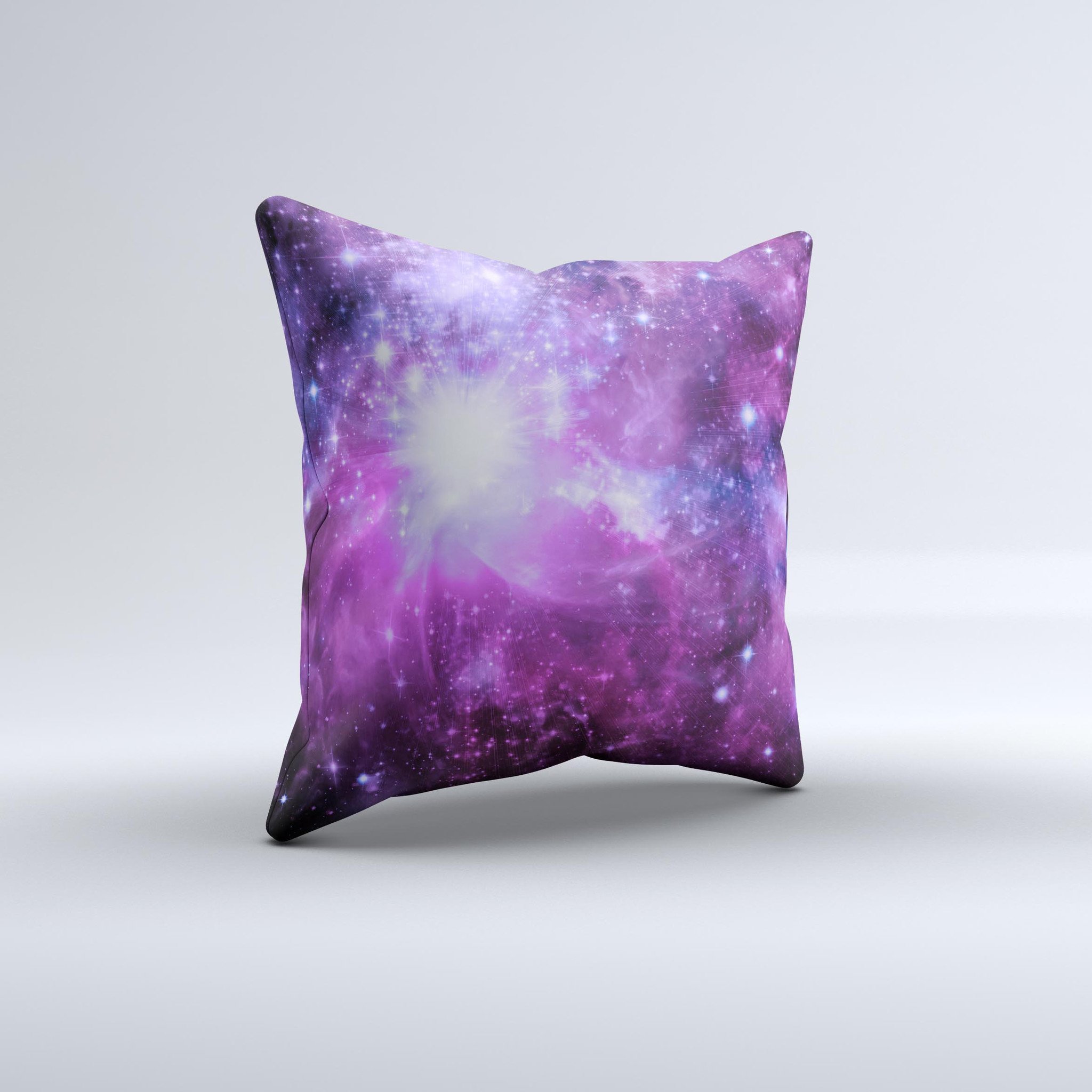 Violet Glowing Nebula Ink-Fuzed Decorative Throw Pillow showcasing vibrant colors and unique design, handcrafted in Virginia.