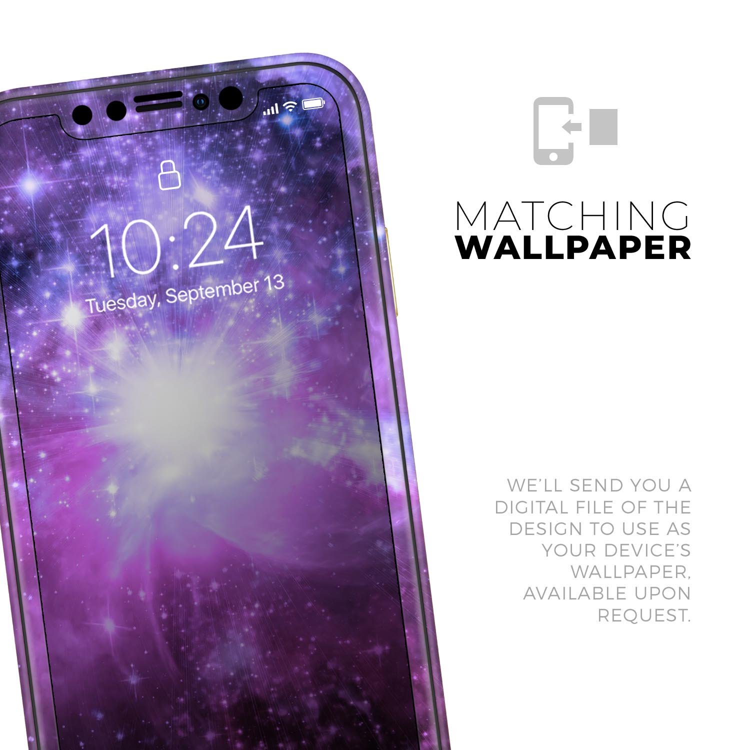 Violet Glowing Nebula skin for Apple iPhone 14, showcasing vibrant colors and sleek design.