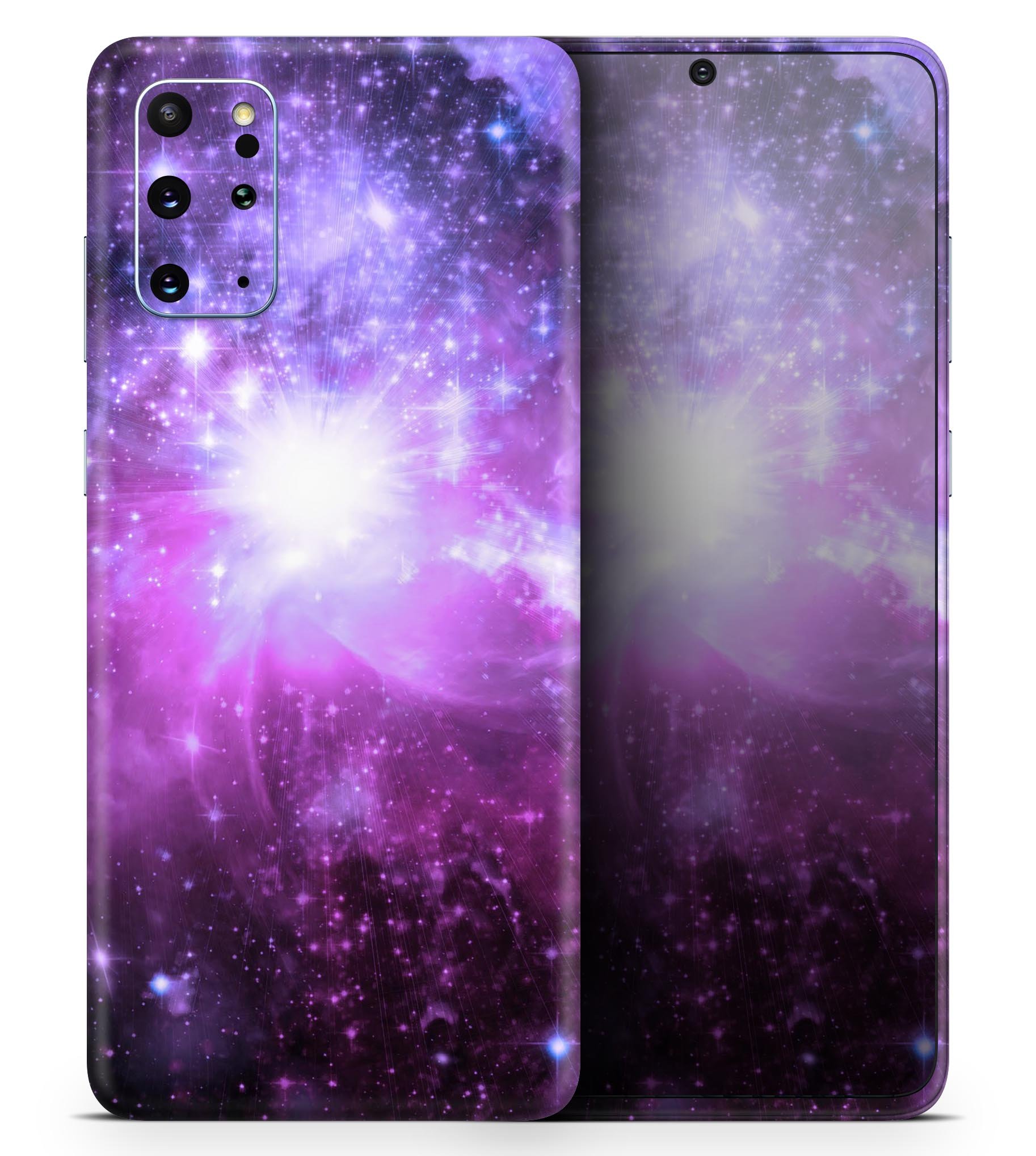 Violet Glowing Nebula Skin-Kit for Samsung Galaxy S20, showcasing vibrant colors and sleek design.