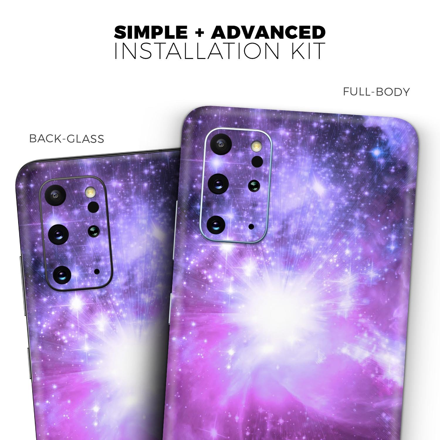 Violet Glowing Nebula Skin-Kit for Samsung Galaxy S20, showcasing vibrant colors and sleek design.