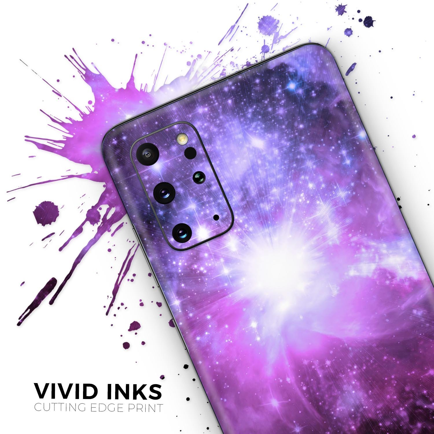 Violet Glowing Nebula Skin-Kit for Samsung Galaxy S20, showcasing vibrant colors and sleek design.