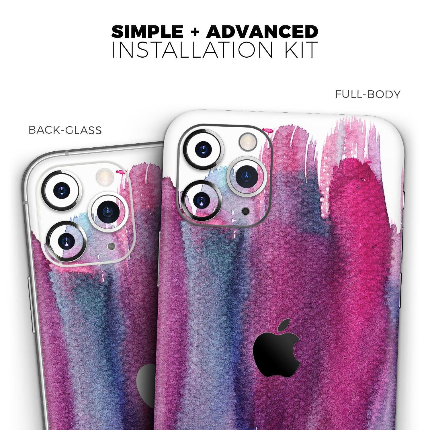 Violet Mixed Watercolor Skin-Kit for Apple iPhone, showcasing vibrant colors and a sleek design.