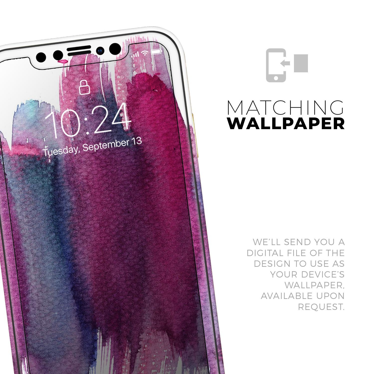 Violet Mixed Watercolor Skin-Kit for Apple iPhone, showcasing vibrant colors and a sleek design.