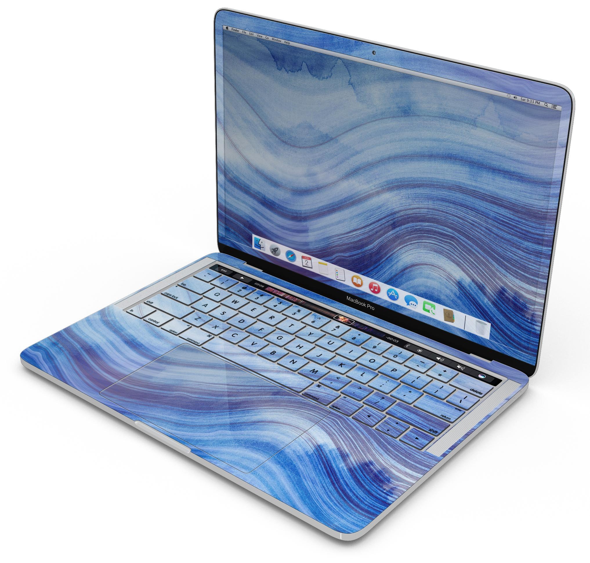 Vivid Agate Vein Slice Blue skin decal wrap kit for MacBook, showcasing a colorful agate design with a glossy finish.