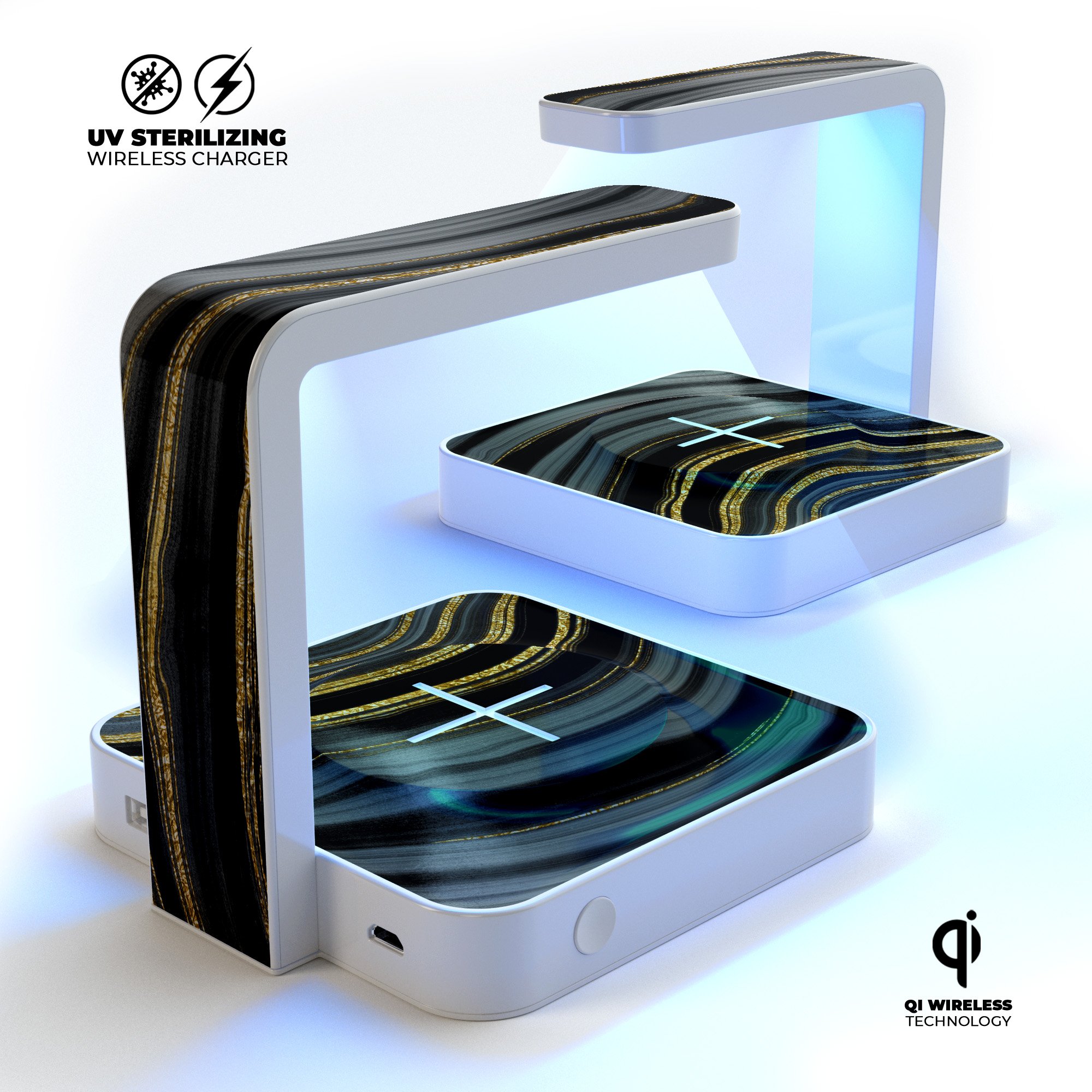 Vivid Agate Vein Slice UV Germicidal Wireless Charger with decorative skin, showcasing its sleek design and functionality.