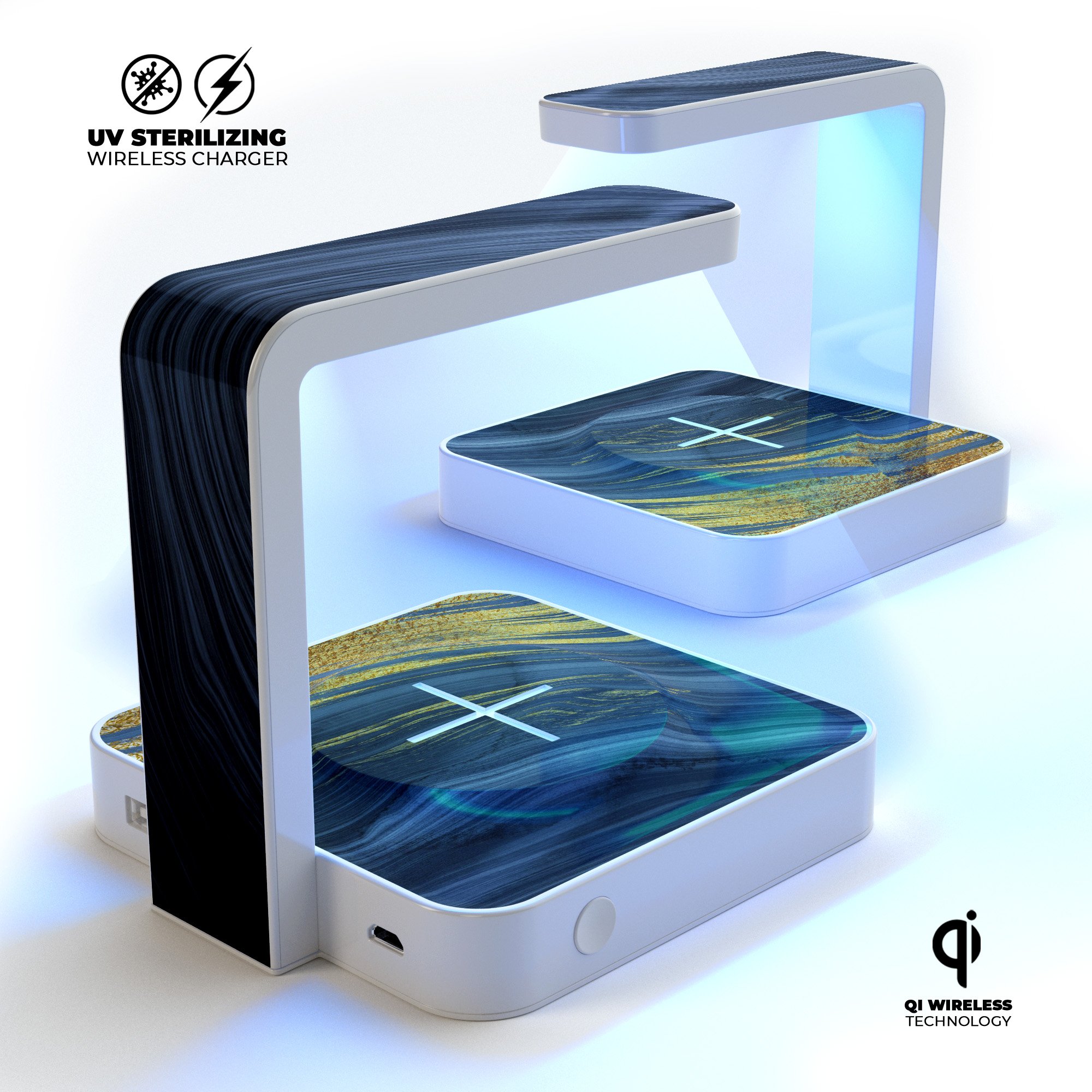 Vivid Agate Vein Slice UV Germicidal Sanitizing Station with wireless charging capabilities, showcasing its elegant design and functionality.