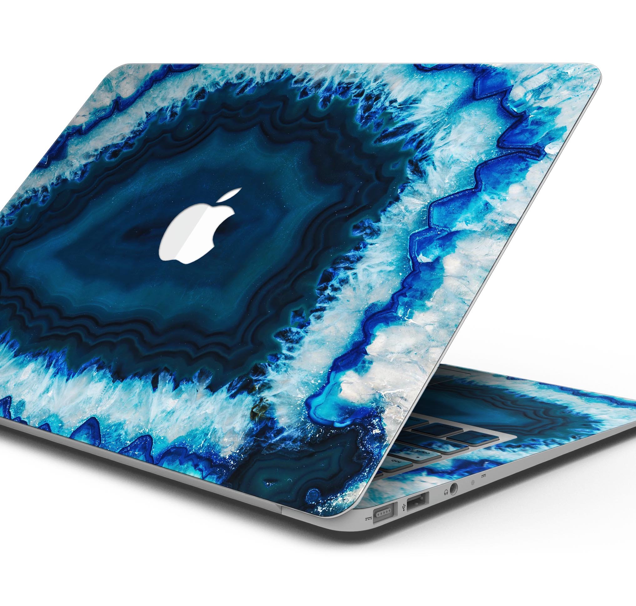 Vivid Blue Agate Crystal skin decal wrap kit for MacBook, showcasing a vibrant agate design with a glossy finish.