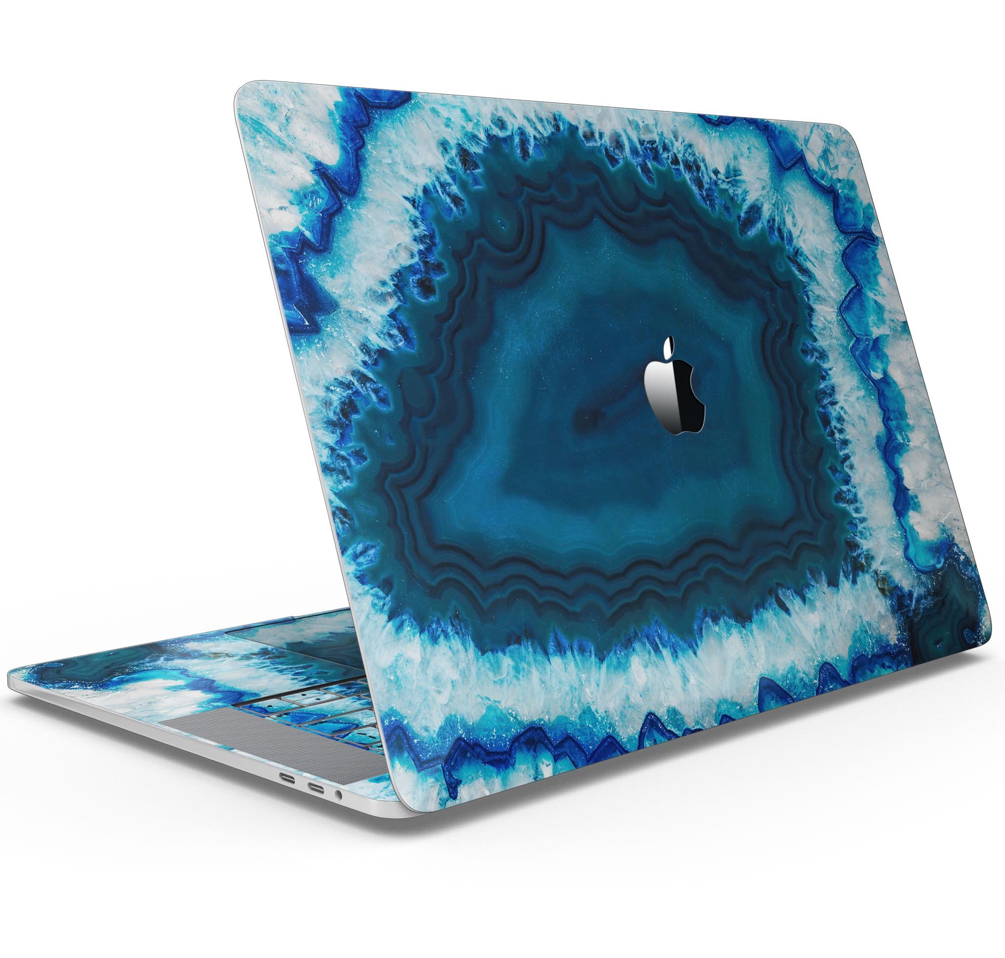 Vivid Blue Agate Crystal skin decal wrap kit for MacBook, showcasing a vibrant agate design with a glossy finish.