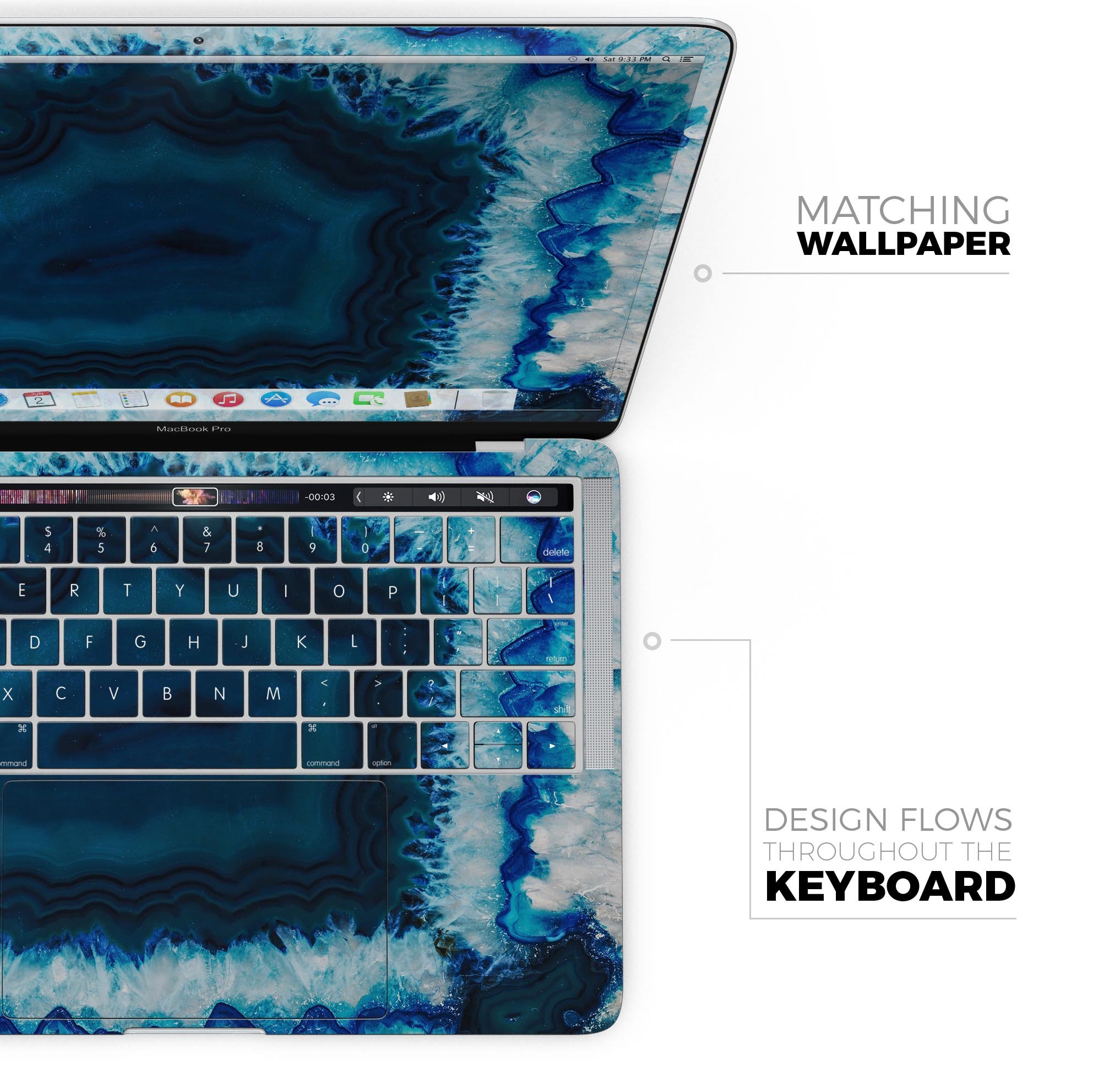 Vivid Blue Agate Crystal skin decal wrap kit for MacBook, showcasing a vibrant agate design with a glossy finish.