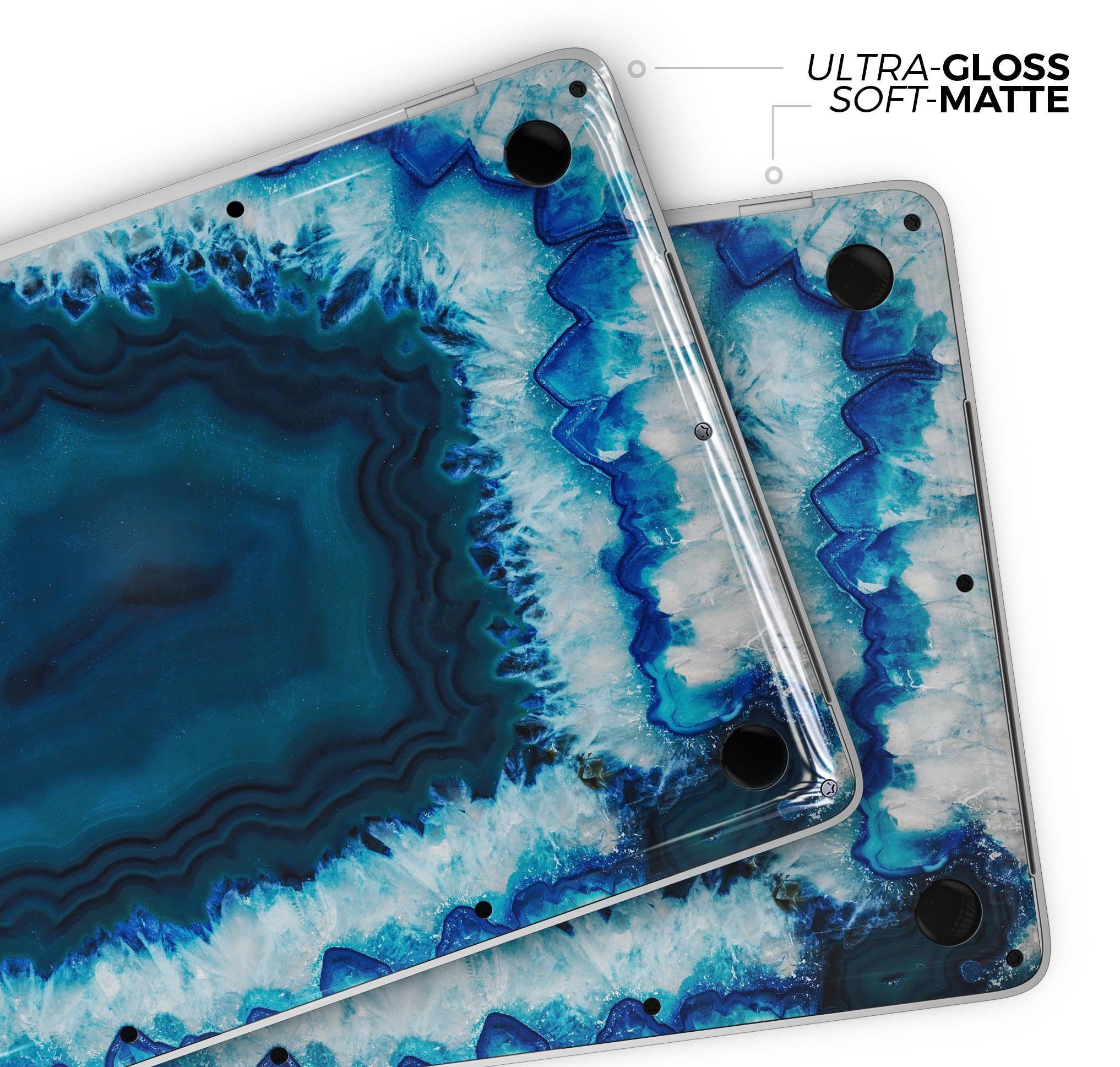 Vivid Blue Agate Crystal skin decal wrap kit for MacBook, showcasing a vibrant agate design with a glossy finish.