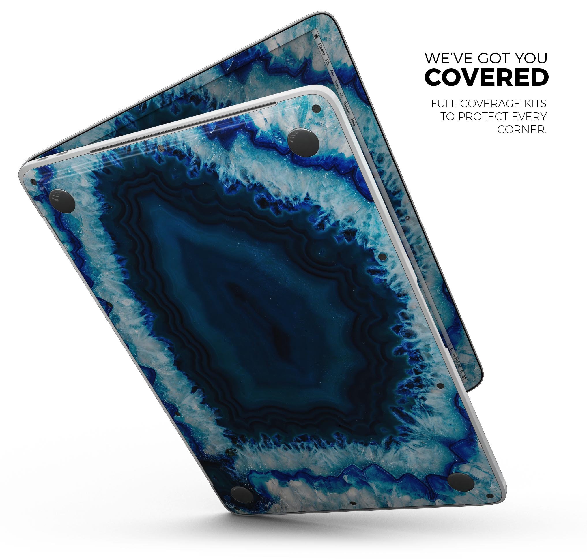 Vivid Blue Agate Crystal skin decal wrap kit for MacBook, showcasing a vibrant agate design with a glossy finish.