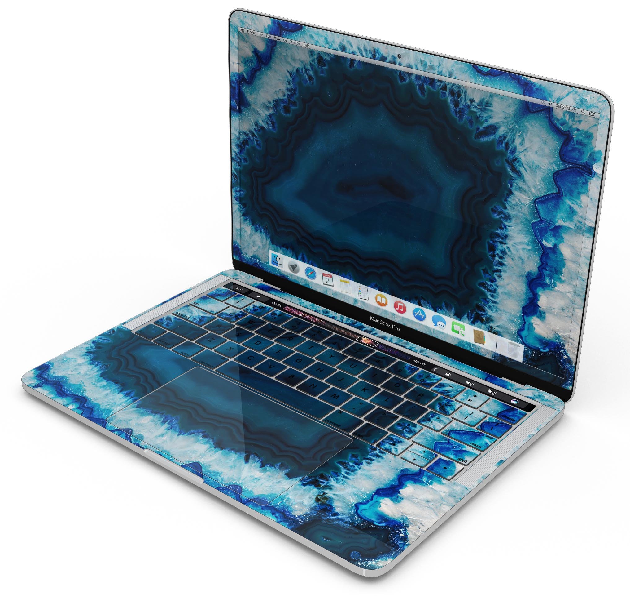 Vivid Blue Agate Crystal skin decal wrap kit for MacBook, showcasing a vibrant agate design with a glossy finish.