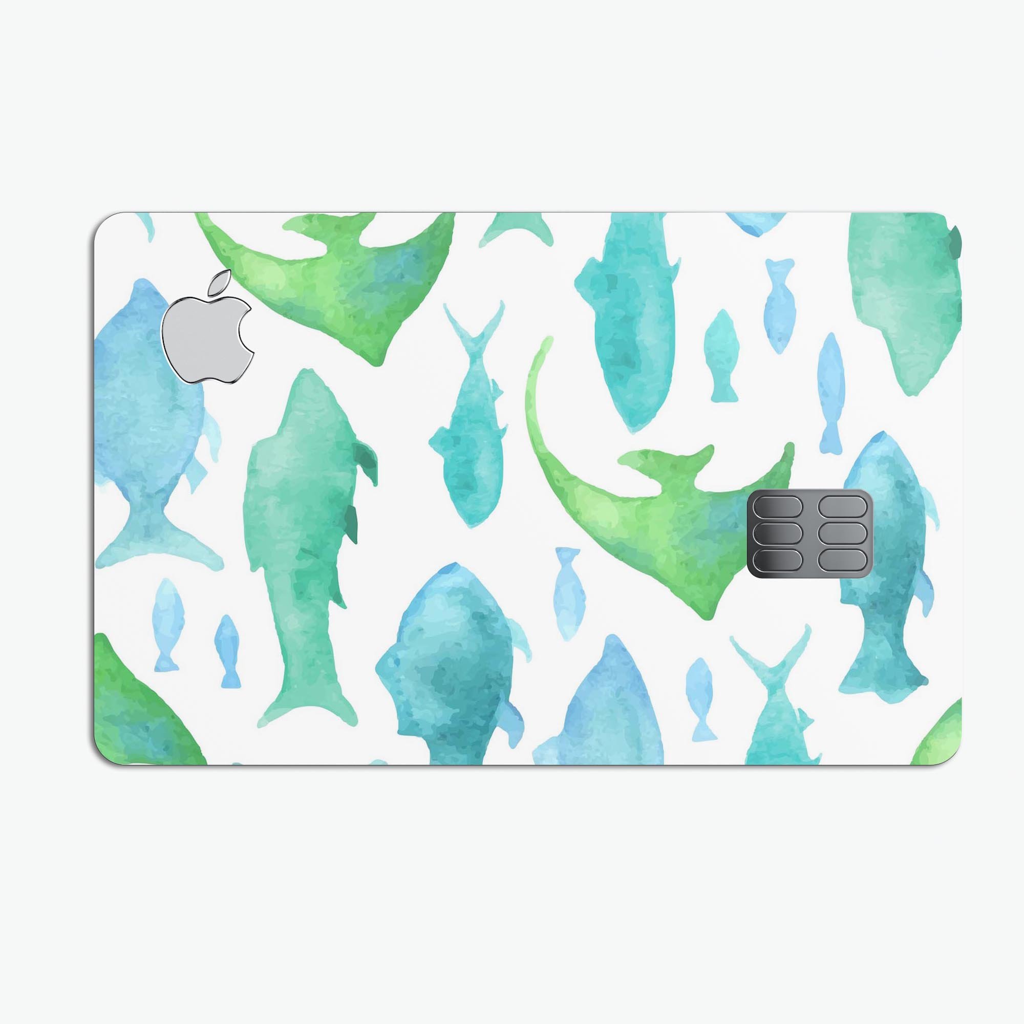 Vivid Blue Watercolor Sea Creatures decal on an Apple Card, showcasing vibrant colors and intricate sea creature designs.