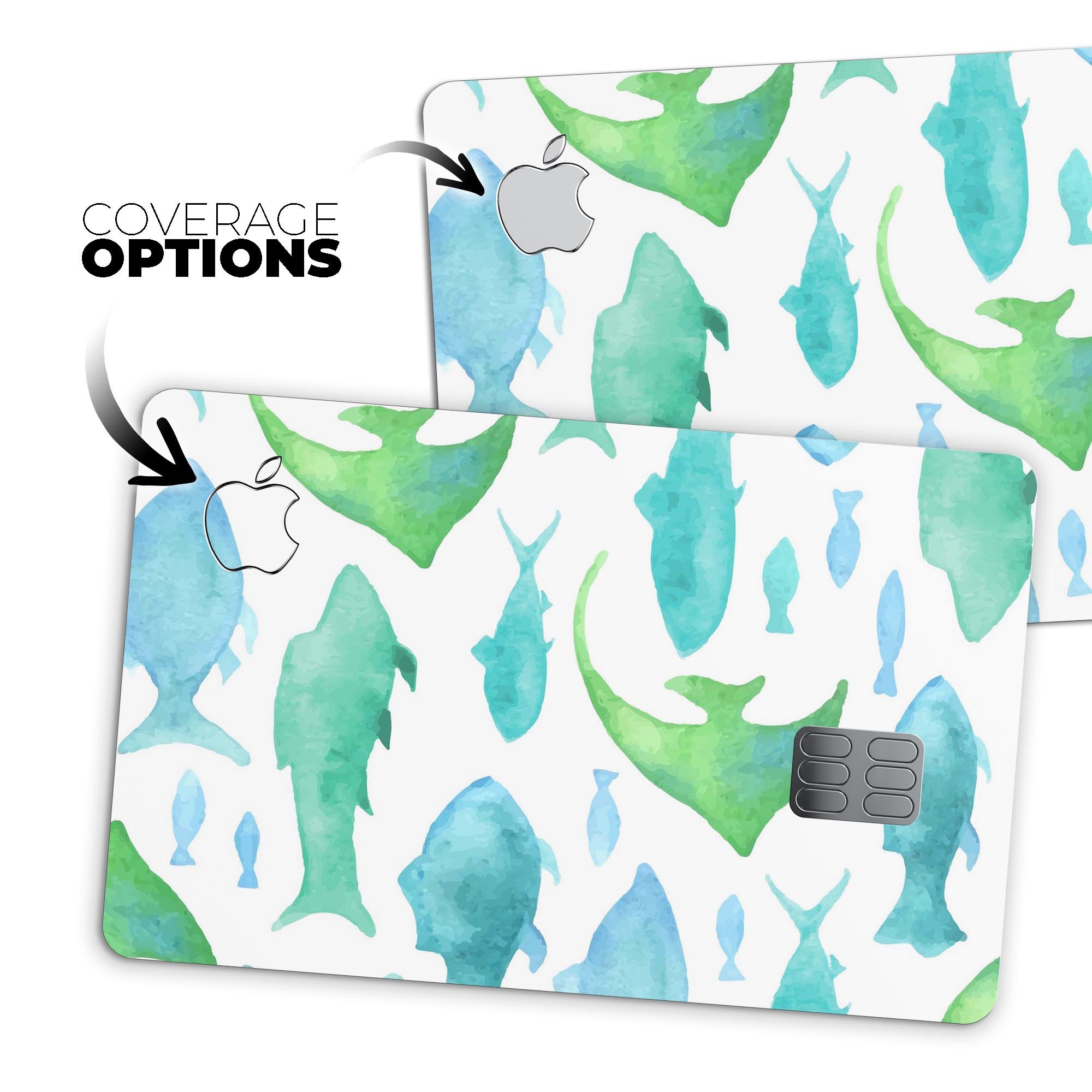 Vivid Blue Watercolor Sea Creatures decal on an Apple Card, showcasing vibrant colors and intricate sea creature designs.