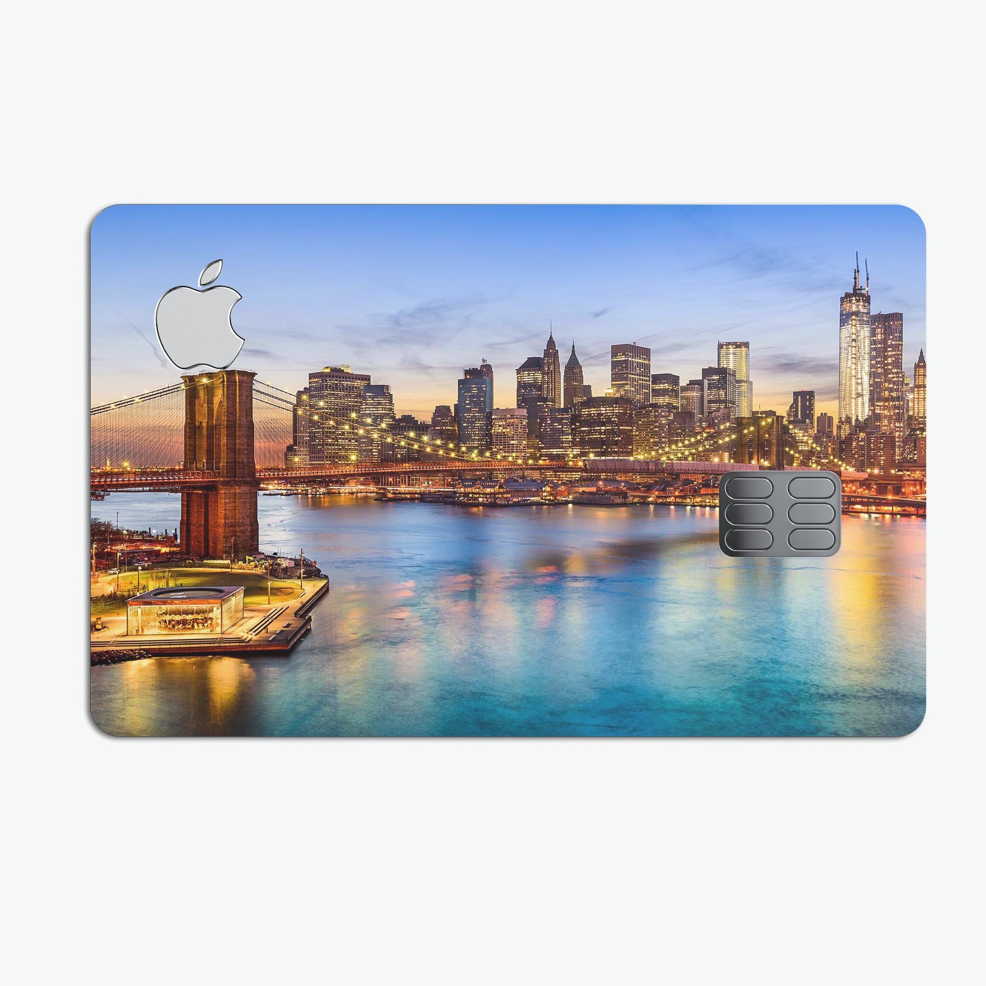 Vivid Brooklyn Bridge decal skin-kit for Apple Card, showcasing premium vinyl design and protective features.