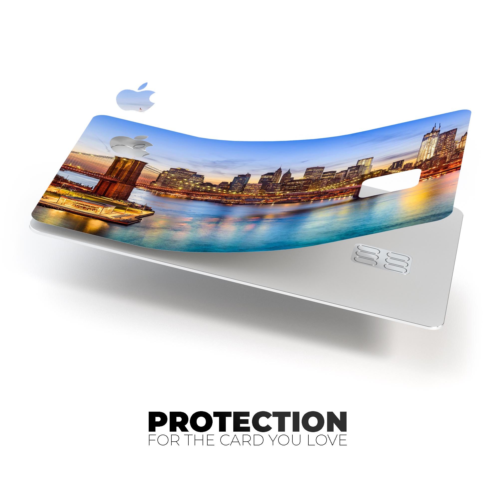 Vivid Brooklyn Bridge decal skin-kit for Apple Card, showcasing premium vinyl design and protective features.