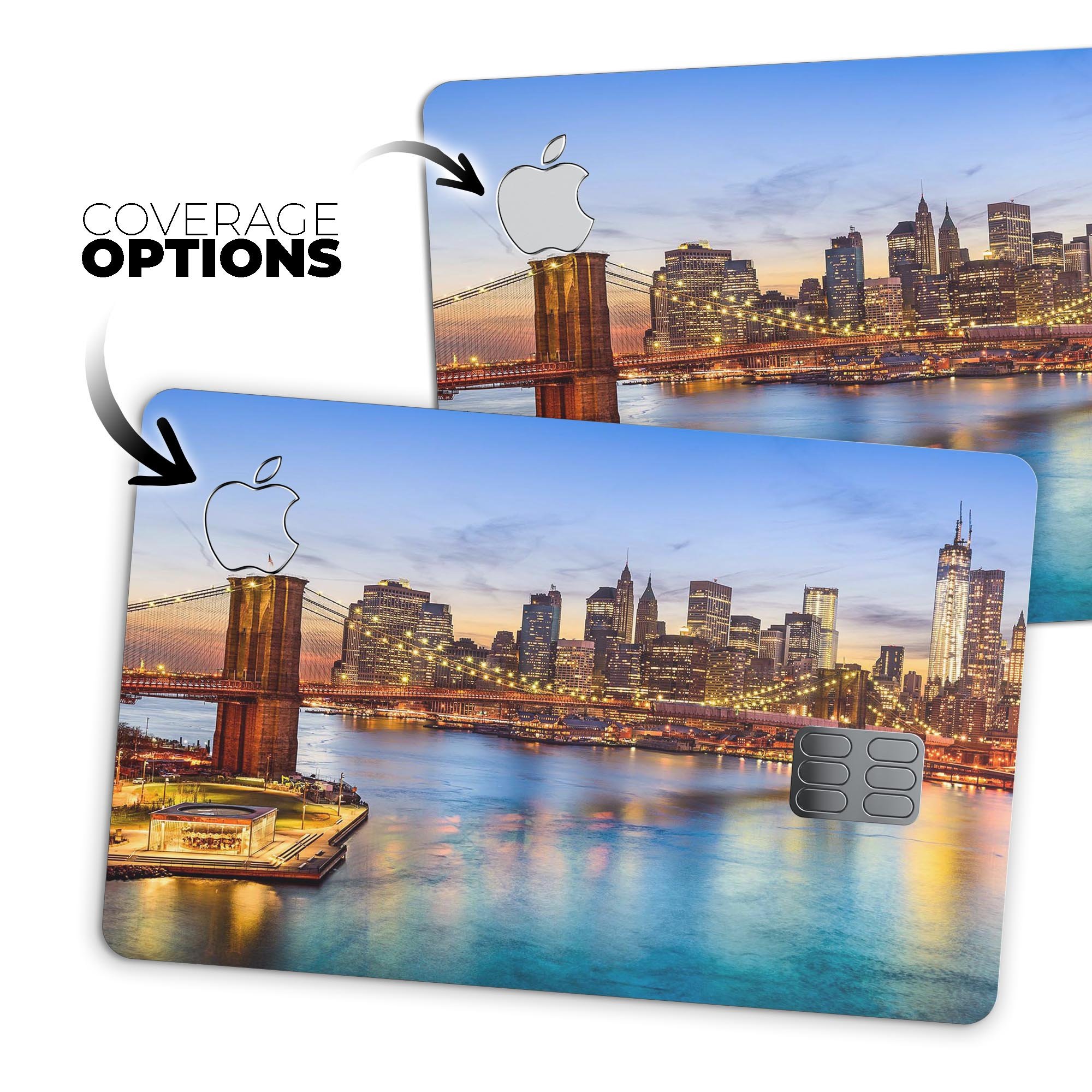 Vivid Brooklyn Bridge decal skin-kit for Apple Card, showcasing premium vinyl design and protective features.