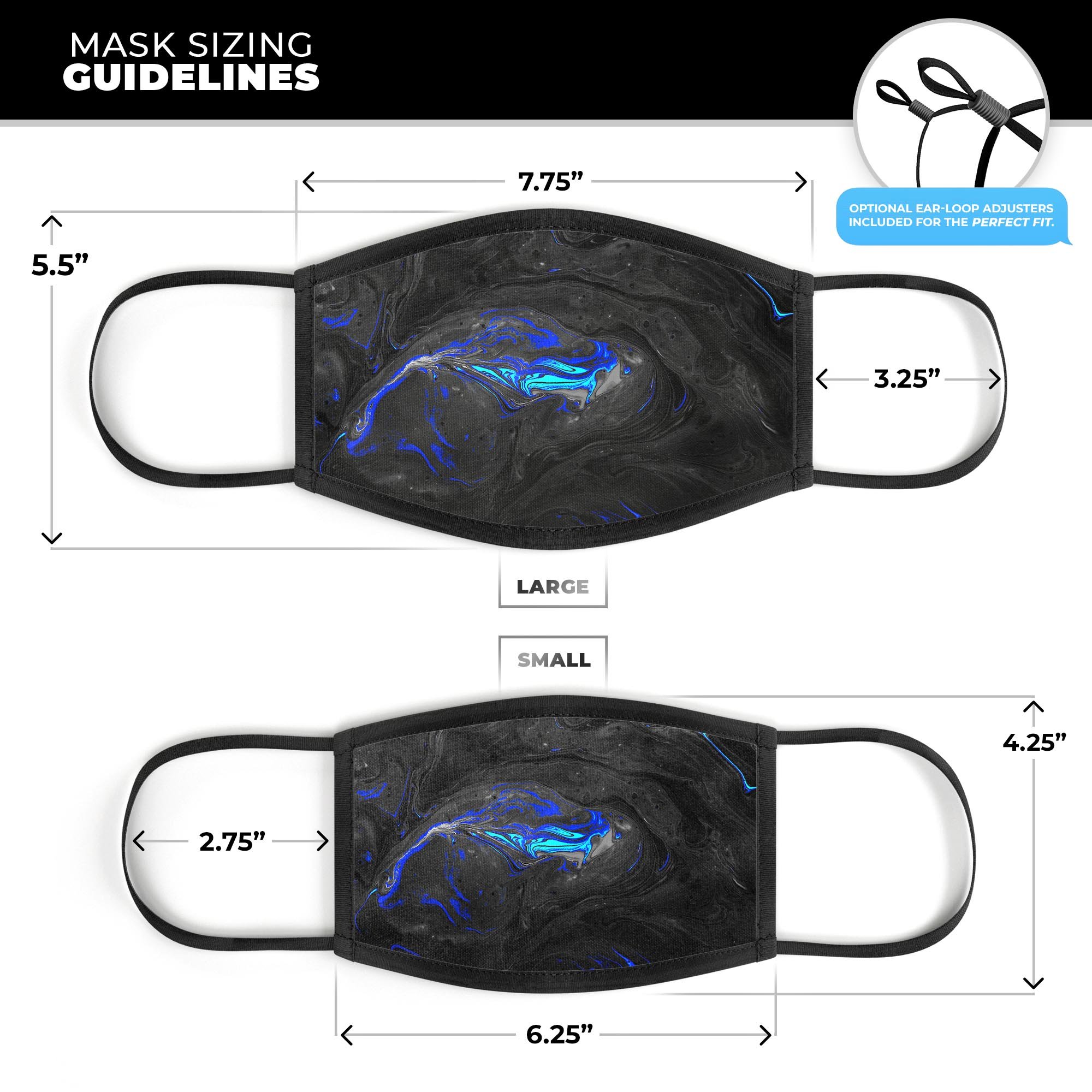 Vivid Colored Marbling Acrylic V3 mouth cover, showcasing vibrant colors and adjustable ear loops for a comfortable fit.