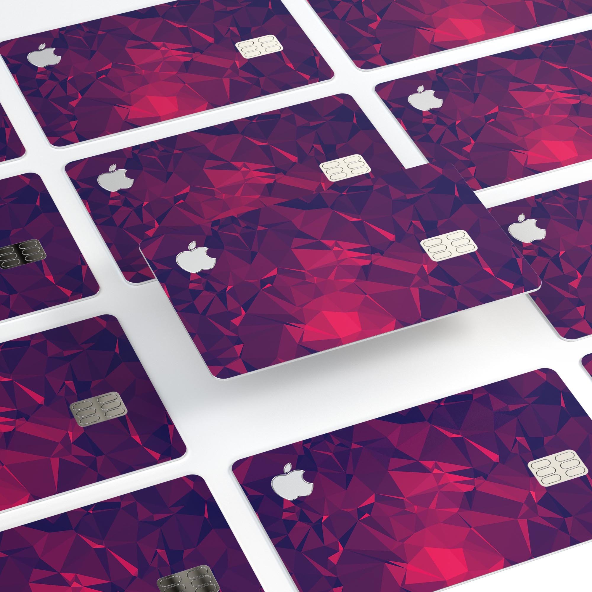 Vivid Fuchsia Geometric Triangles decal skin for Apple Card, showcasing vibrant colors and geometric patterns.