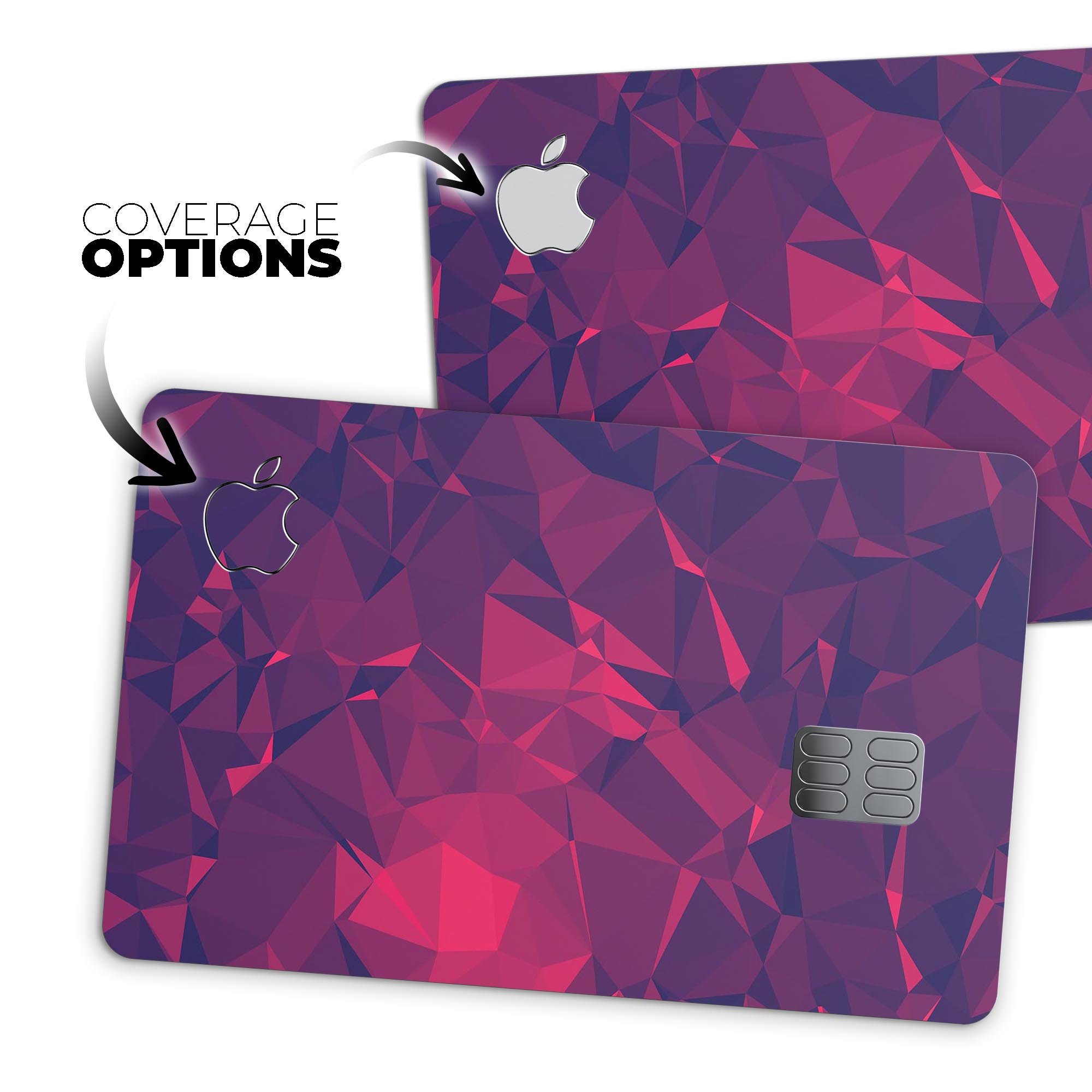 Vivid Fuchsia Geometric Triangles decal skin for Apple Card, showcasing vibrant colors and geometric patterns.