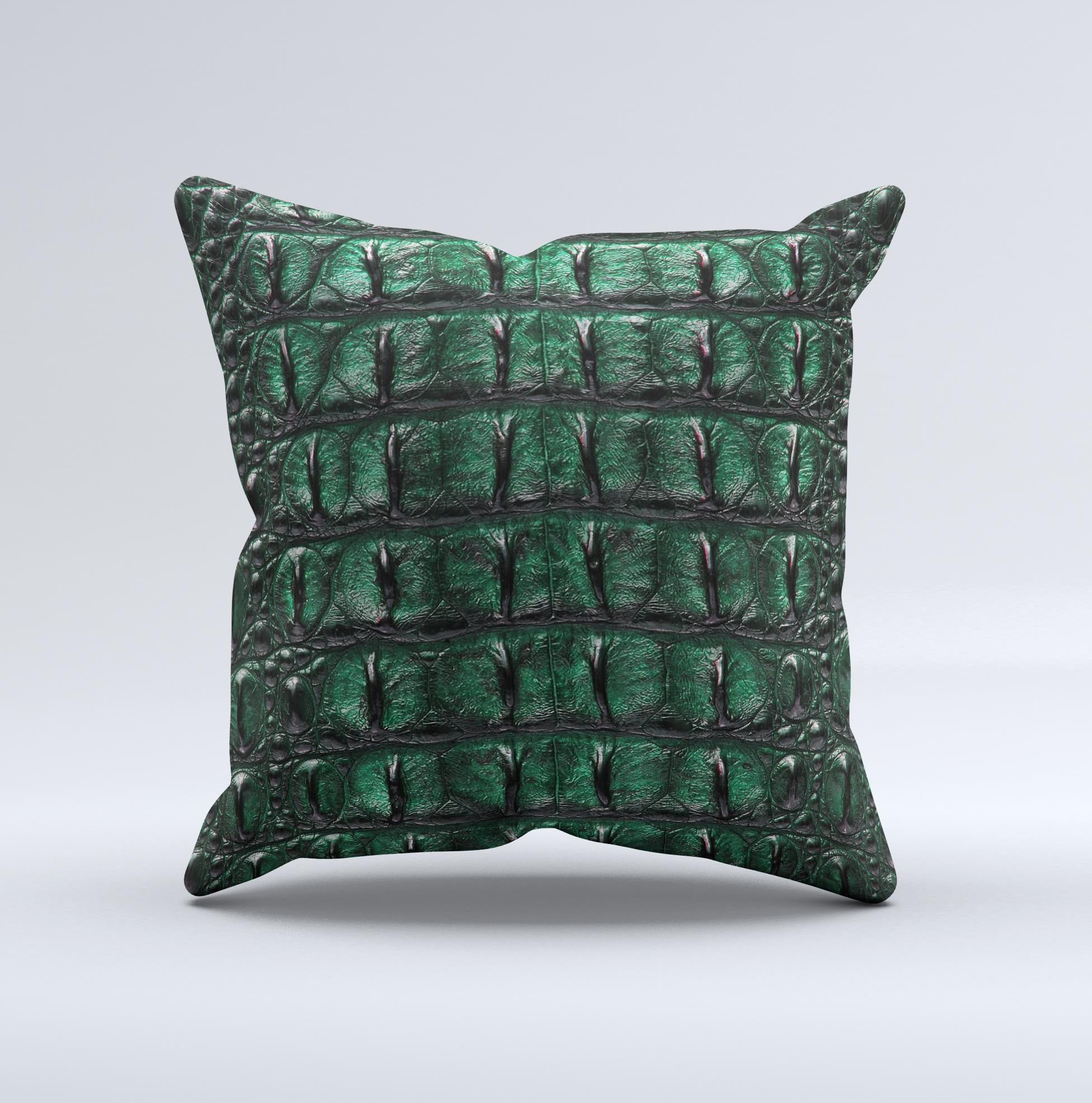 Vivid Green Crocodile Skin ink-Fuzed Decorative Throw Pillow showcasing a unique design with high-quality fabric and plush filling.