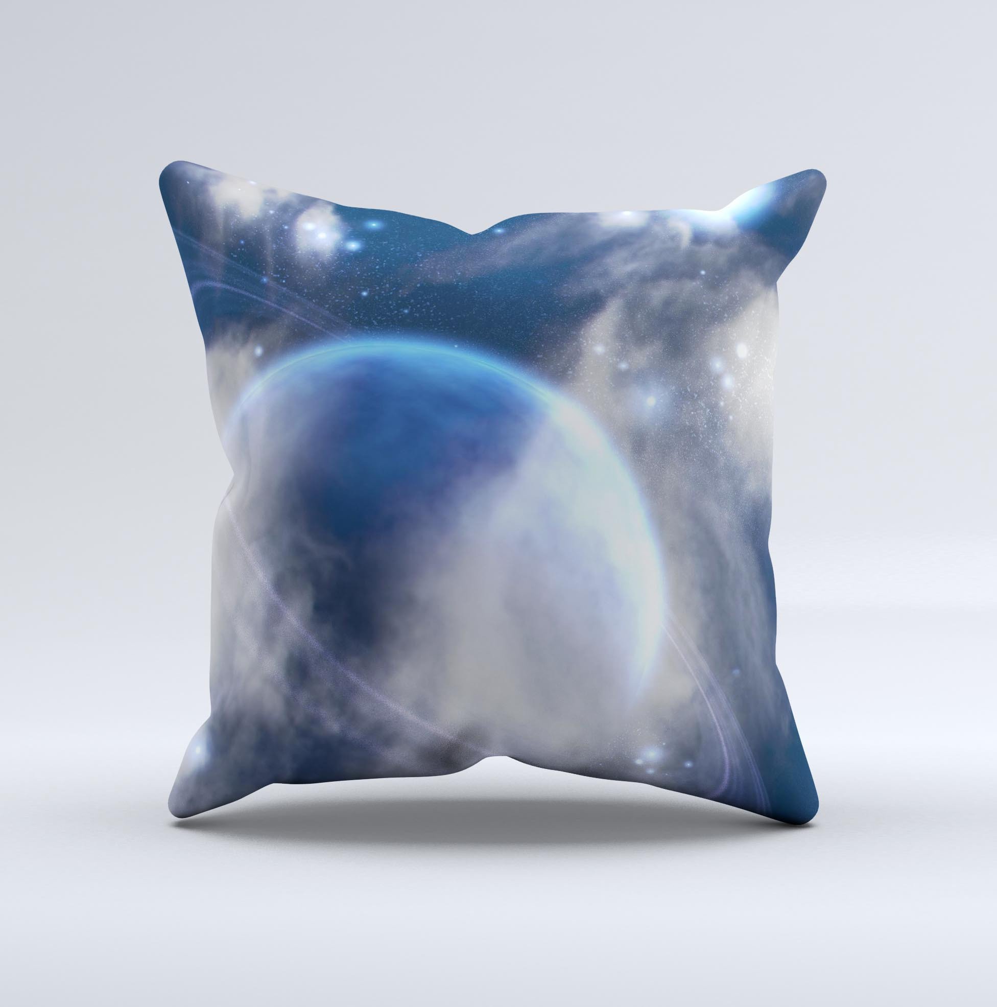 Vivid Lighted Halo Planet decorative throw pillow showcasing vibrant colors and unique graphic design, handcrafted in Virginia.