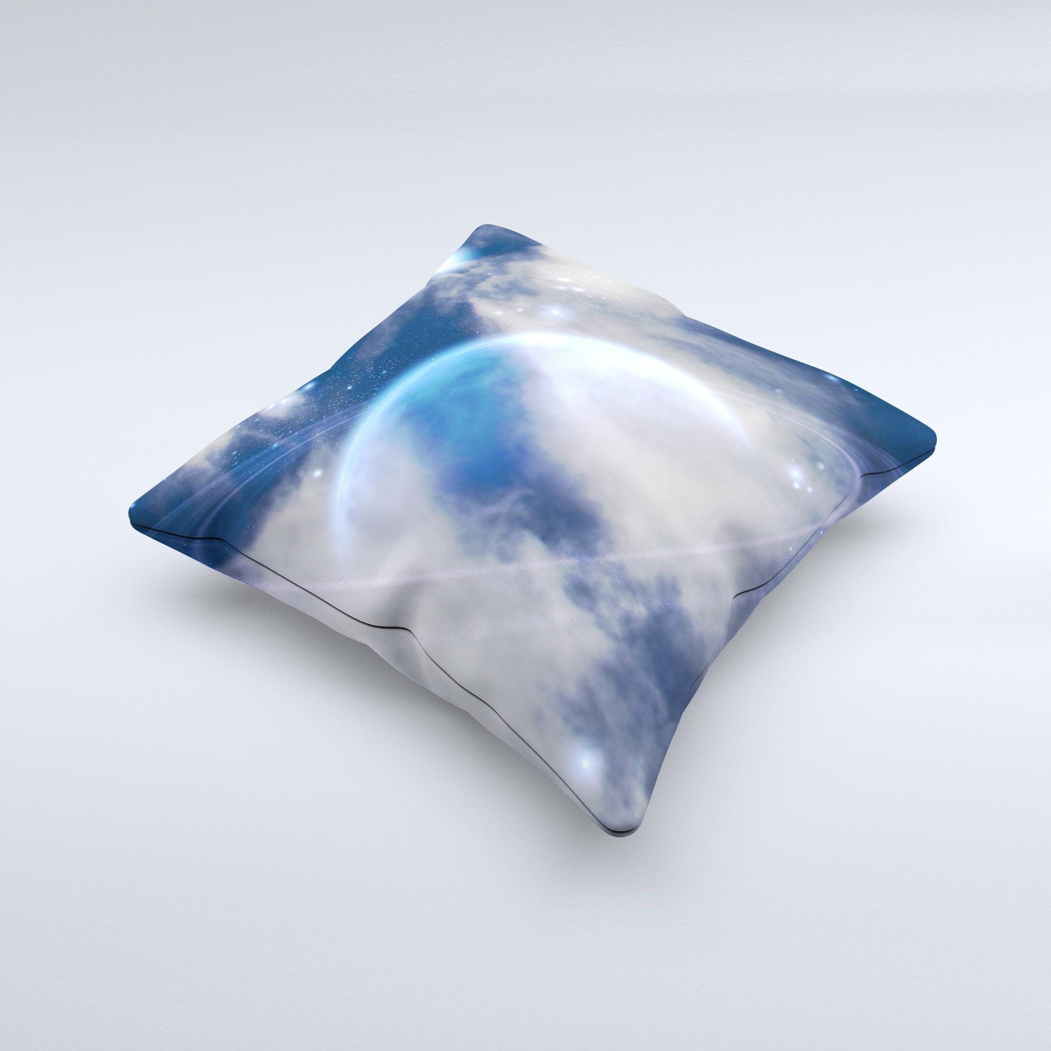 Vivid Lighted Halo Planet decorative throw pillow showcasing vibrant colors and unique graphic design, handcrafted in Virginia.