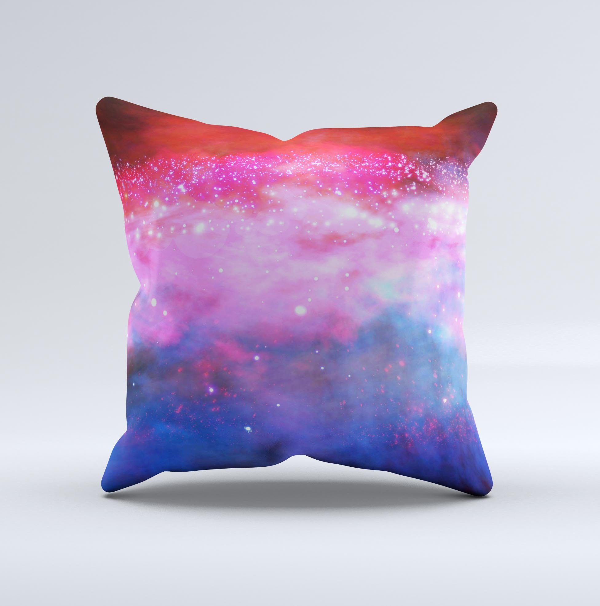 Vivid Pink and Blue Space Ink-Fuzed Decorative Throw Pillow showcasing a unique design with vibrant colors, handcrafted in Virginia.