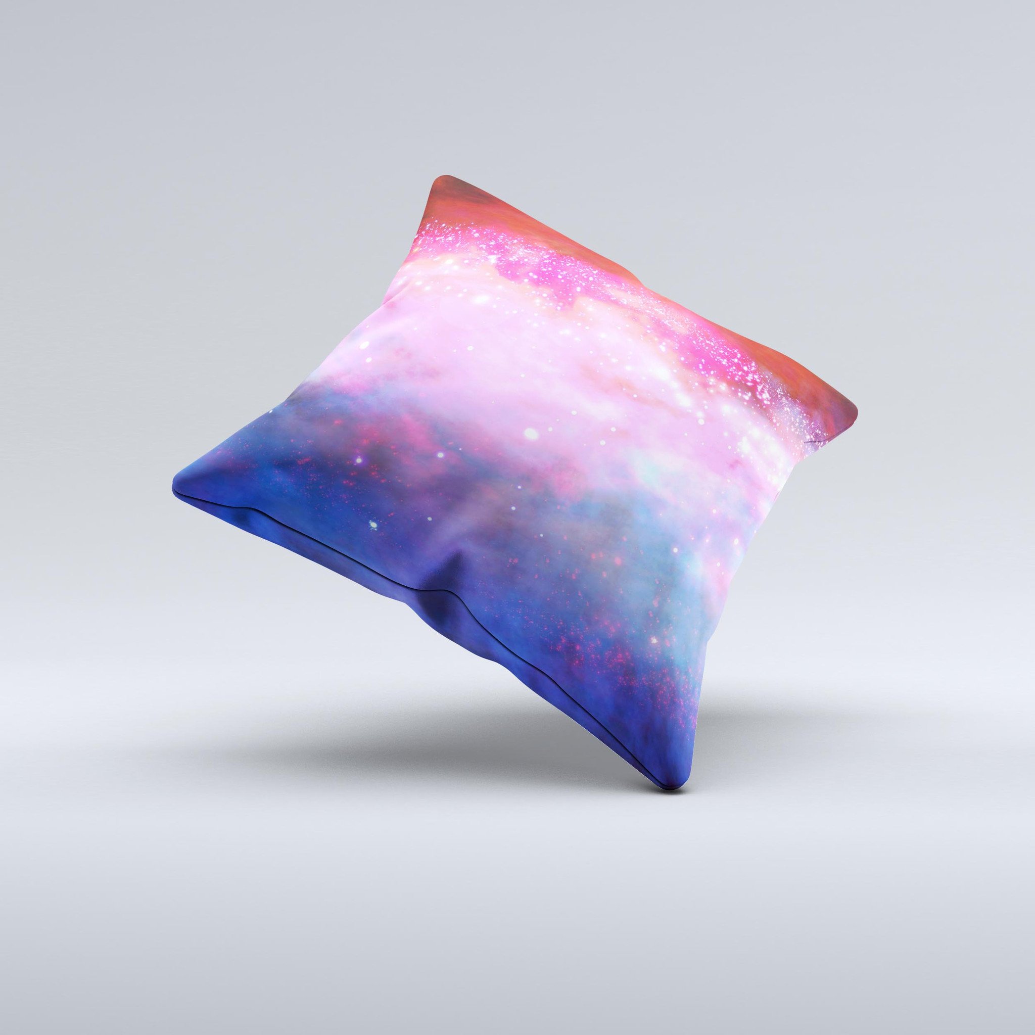 Vivid Pink and Blue Space Ink-Fuzed Decorative Throw Pillow showcasing a unique design with vibrant colors, handcrafted in Virginia.