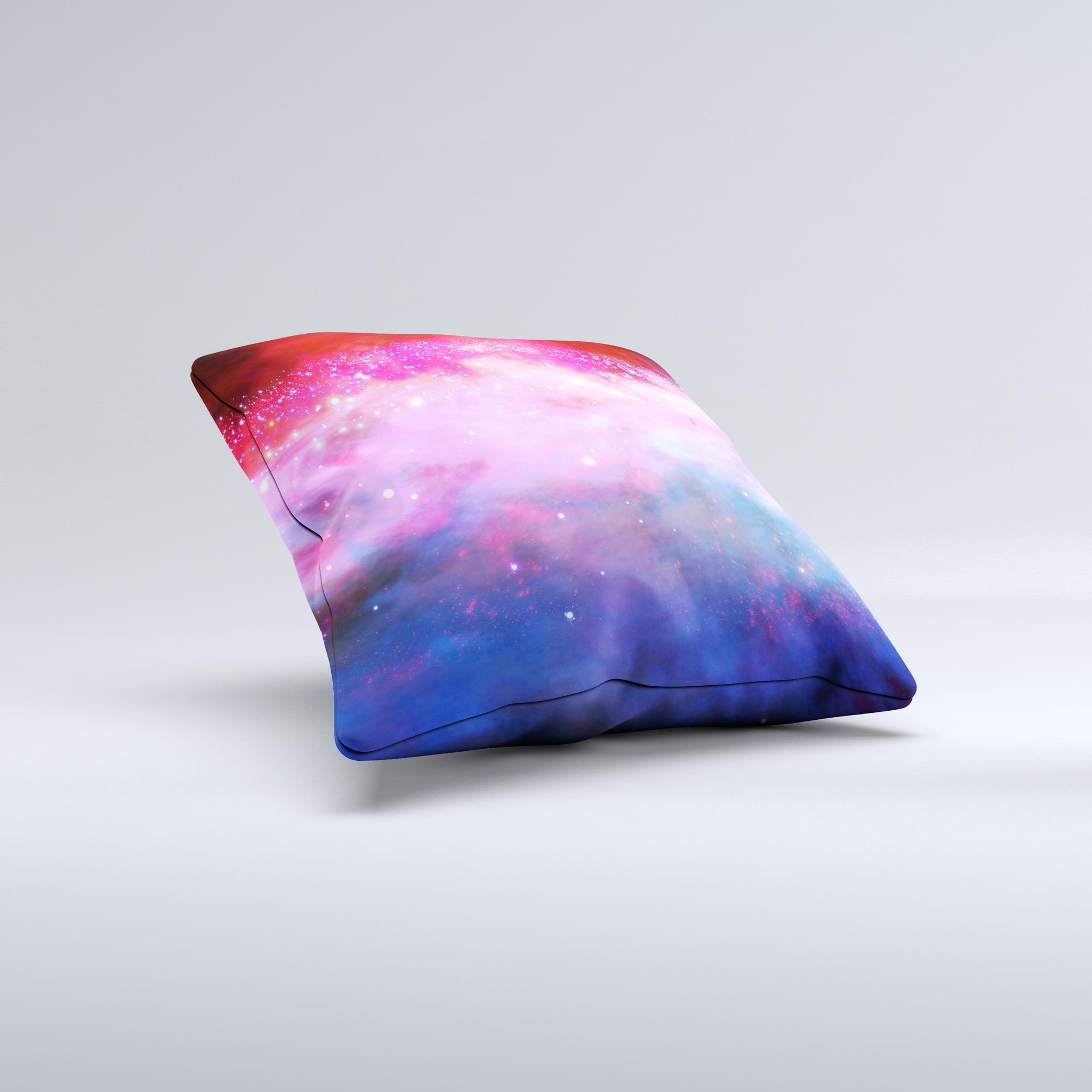 Vivid Pink and Blue Space Ink-Fuzed Decorative Throw Pillow showcasing a unique design with vibrant colors, handcrafted in Virginia.