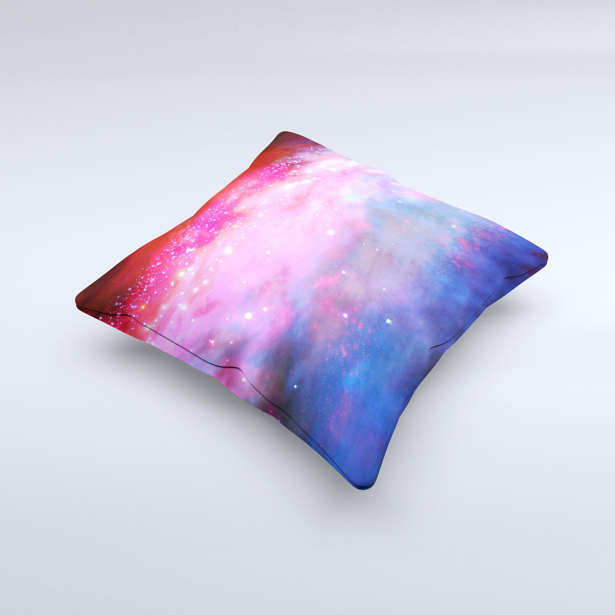 Vivid Pink and Blue Space Ink-Fuzed Decorative Throw Pillow showcasing a unique design with vibrant colors, handcrafted in Virginia.