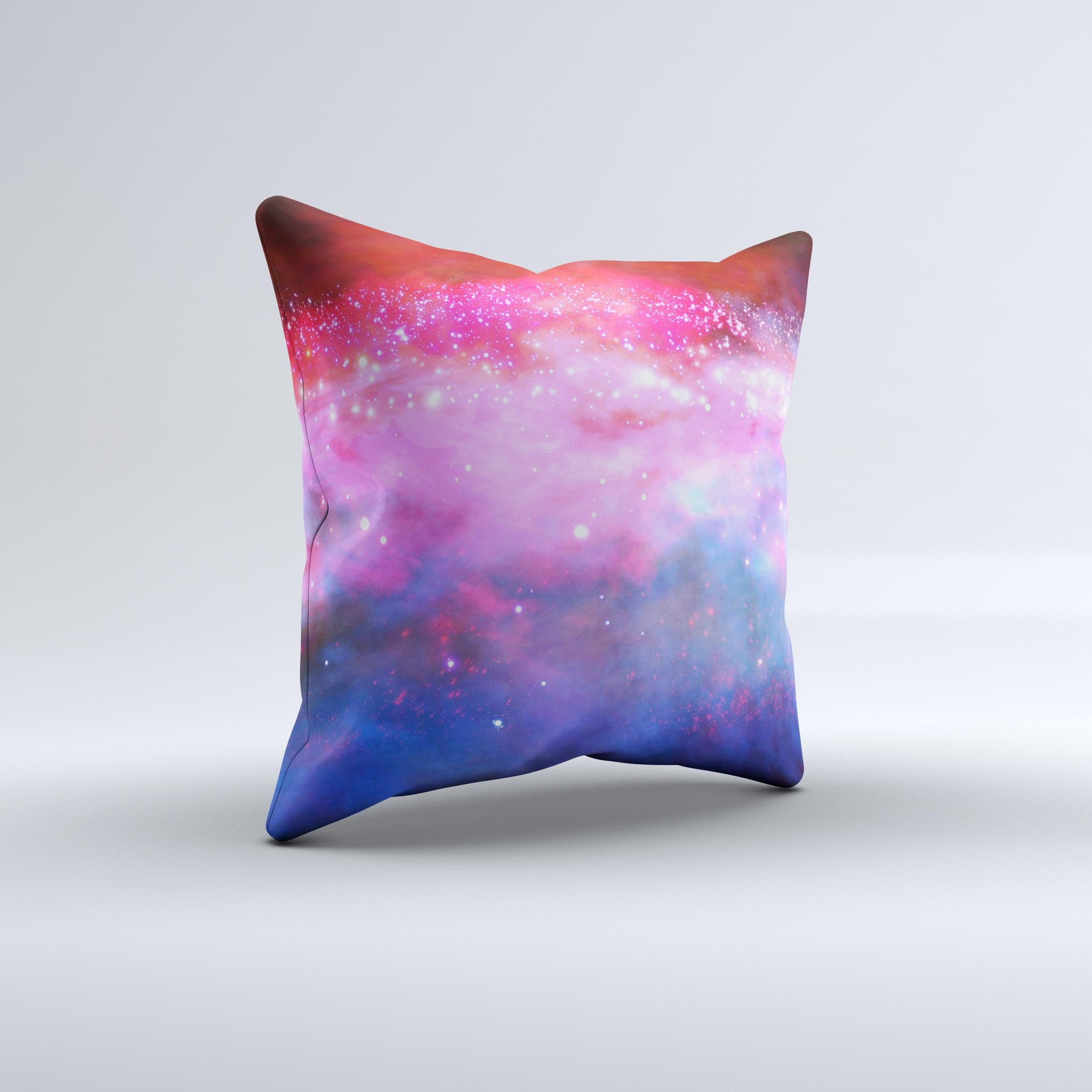 Vivid Pink and Blue Space Ink-Fuzed Decorative Throw Pillow showcasing a unique design with vibrant colors, handcrafted in Virginia.