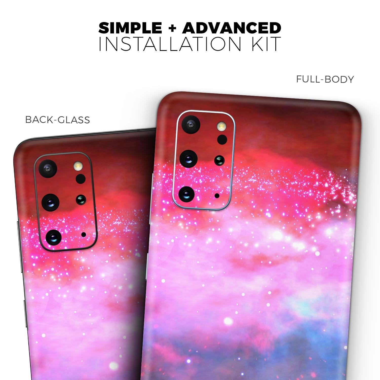 Vivid Pink and Blue Space Skin-Kit for Samsung Galaxy S-Series, showcasing vibrant colors and sleek design.