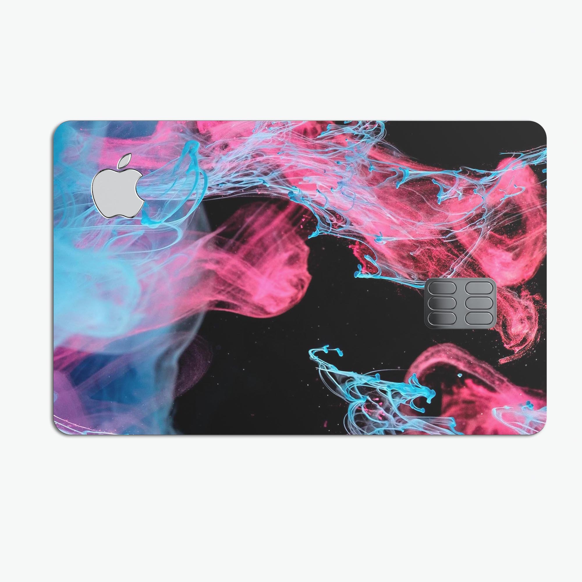 Vivid Pink and Teal liquid Cloud skin kit for Apple Card, showcasing vibrant colors and premium vinyl material.