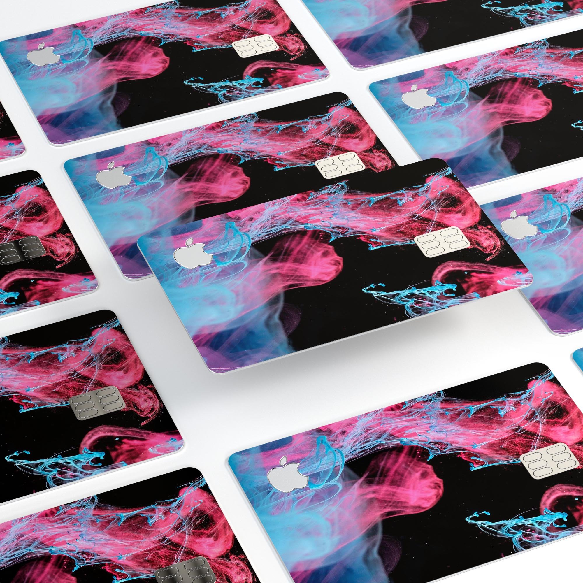 Vivid Pink and Teal liquid Cloud skin kit for Apple Card, showcasing vibrant colors and premium vinyl material.