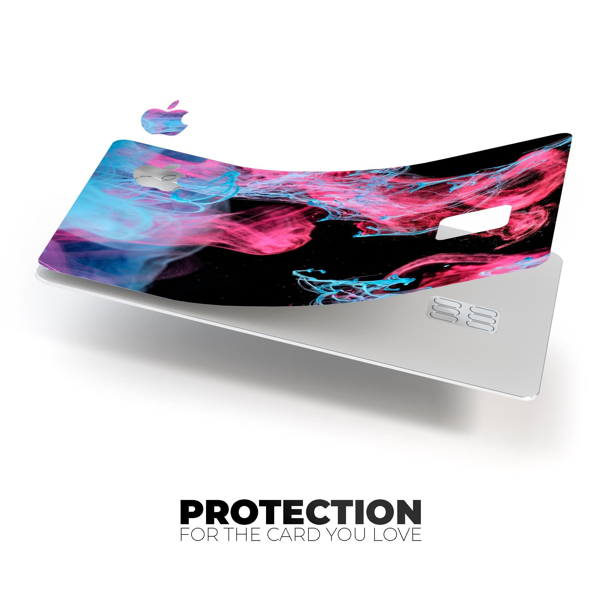 Vivid Pink and Teal liquid Cloud skin kit for Apple Card, showcasing vibrant colors and premium vinyl material.