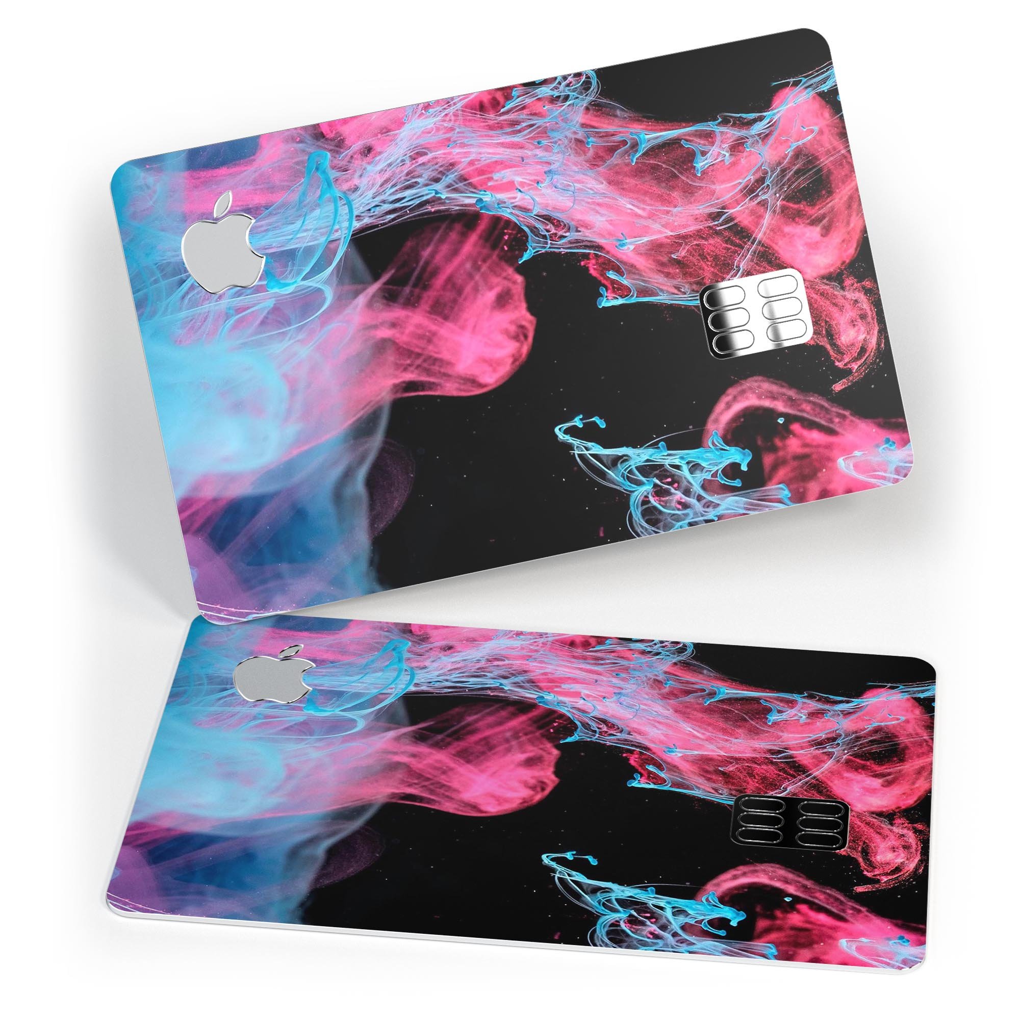 Vivid Pink and Teal liquid Cloud skin kit for Apple Card, showcasing vibrant colors and premium vinyl material.