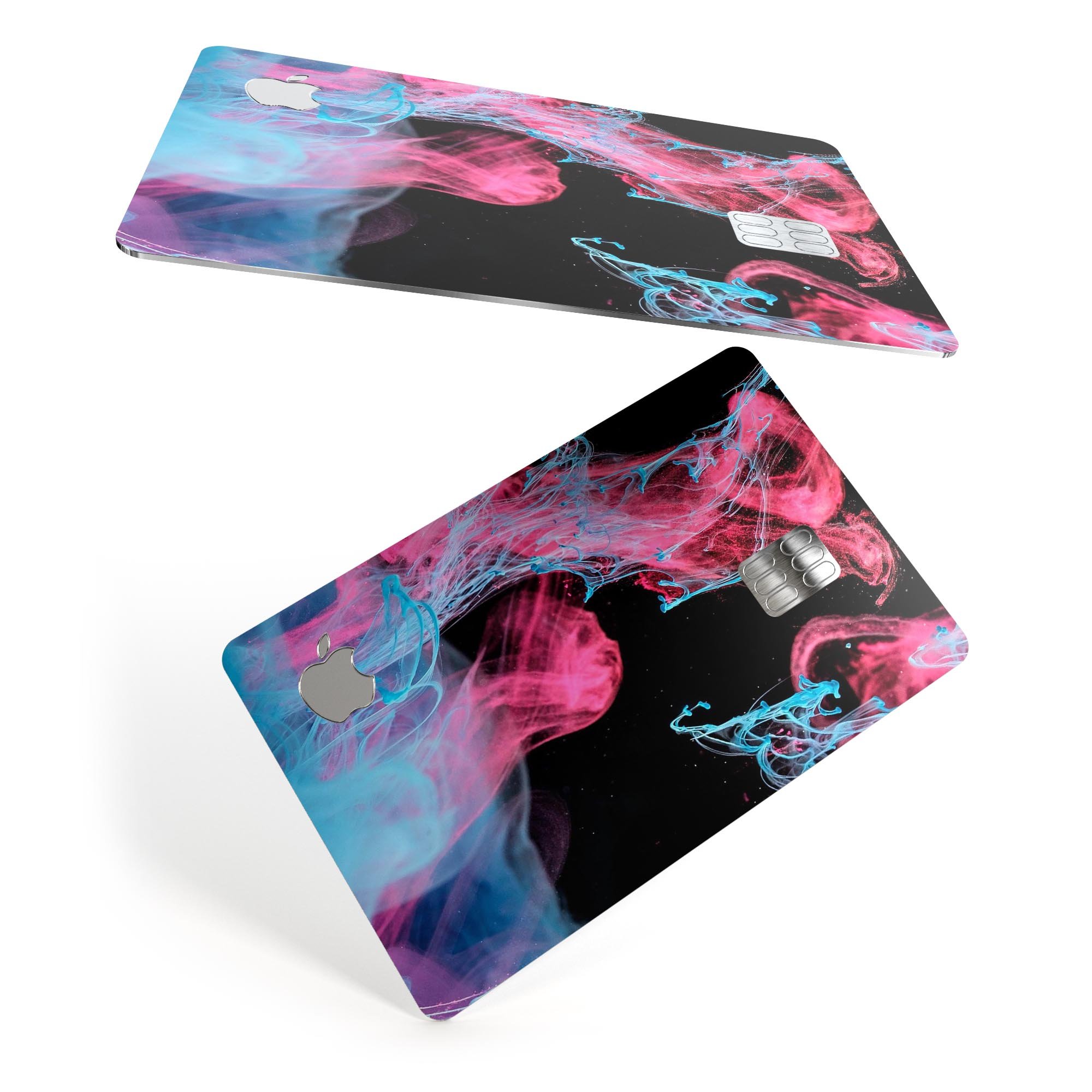 Vivid Pink and Teal liquid Cloud skin kit for Apple Card, showcasing vibrant colors and premium vinyl material.