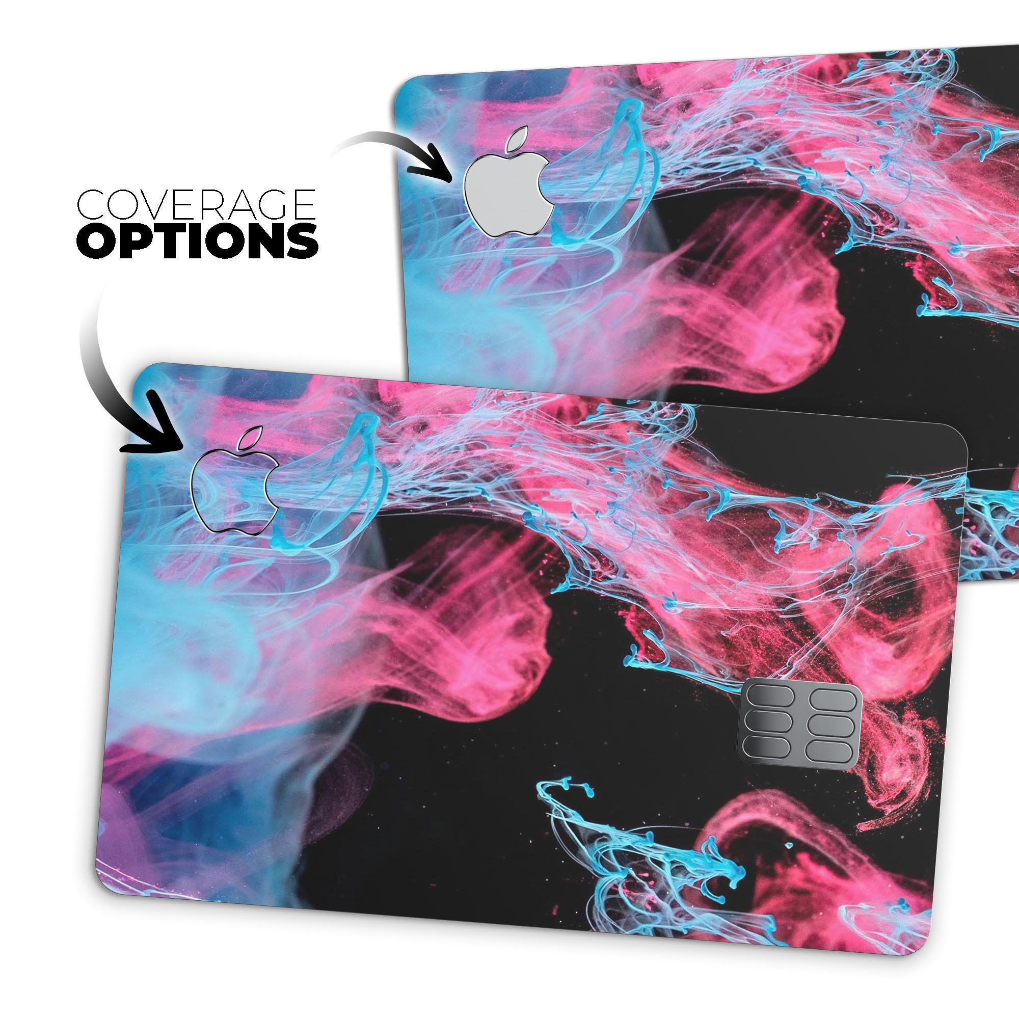 Vivid Pink and Teal liquid Cloud skin kit for Apple Card, showcasing vibrant colors and premium vinyl material.