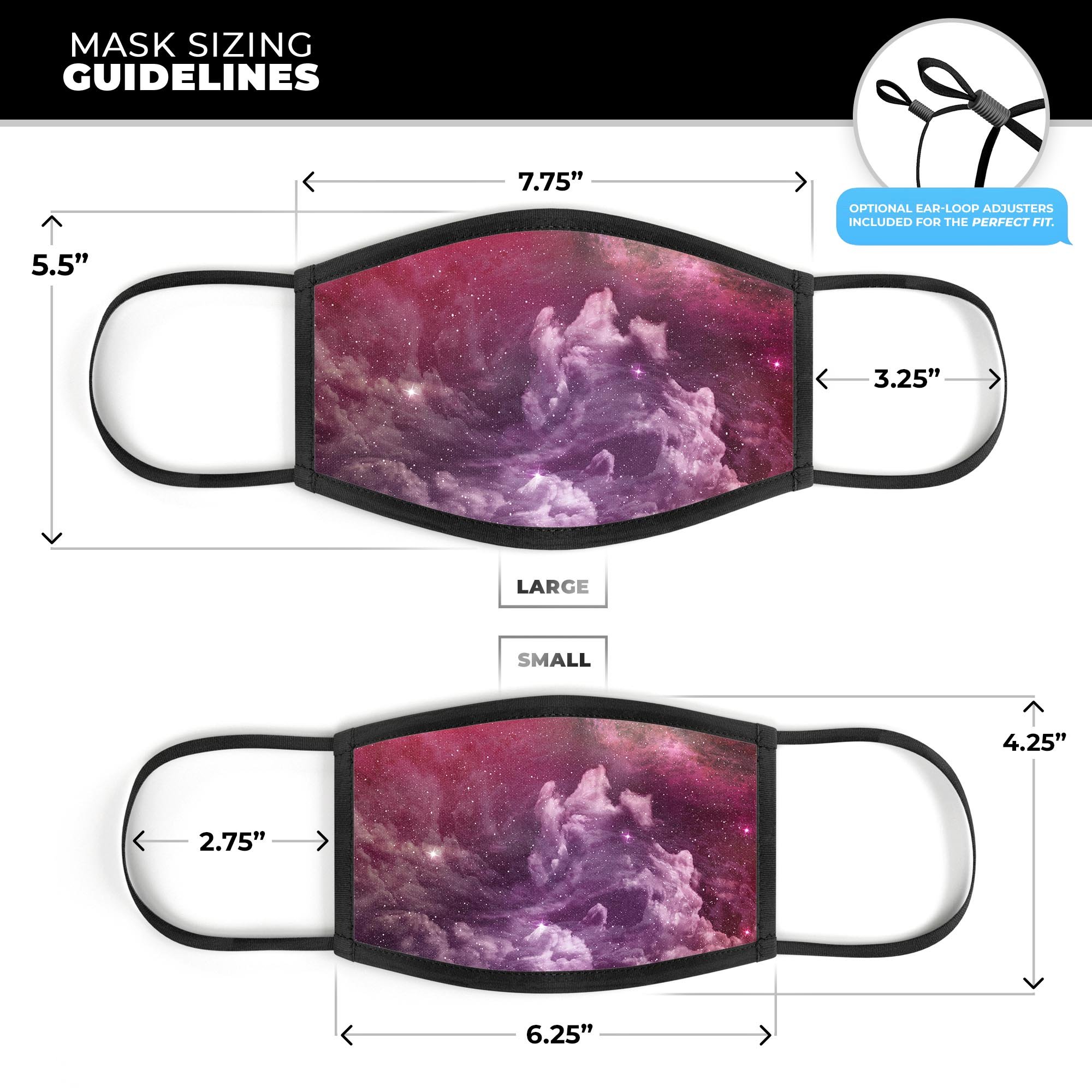 Vivid Pink Cosmic Space V1 mouth cover featuring a colorful cosmic design, adjustable ear loops, and a soft cotton interior for comfort.