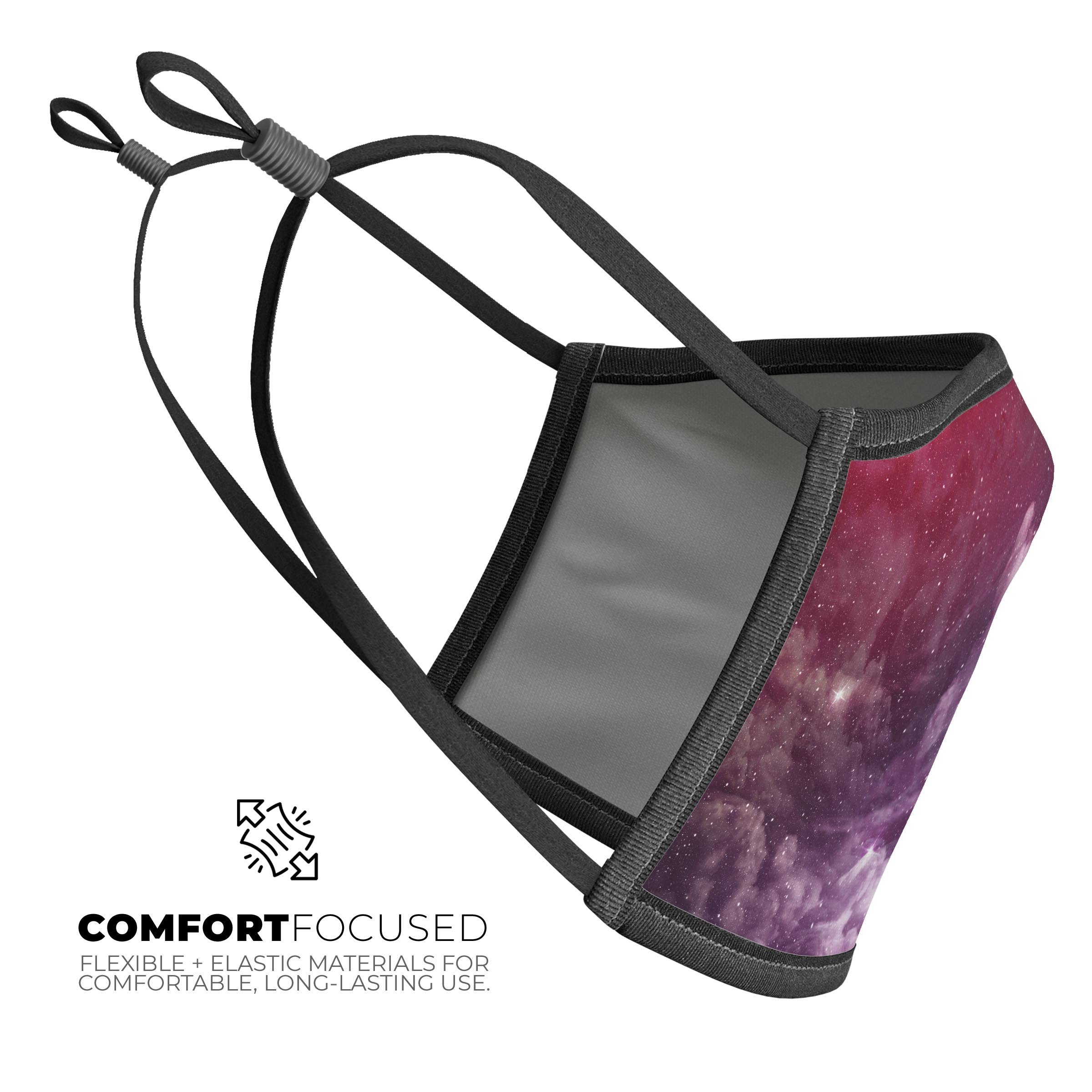 Vivid Pink Cosmic Space V1 mouth cover featuring a colorful cosmic design, adjustable ear loops, and a soft cotton interior for comfort.