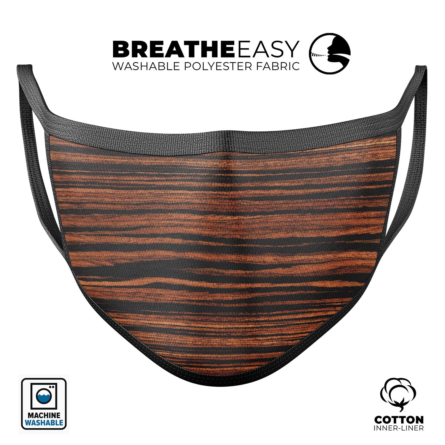 Vivid Striped Wood V293 mouth cover, showcasing vibrant colors and a comfortable design, made in the USA.