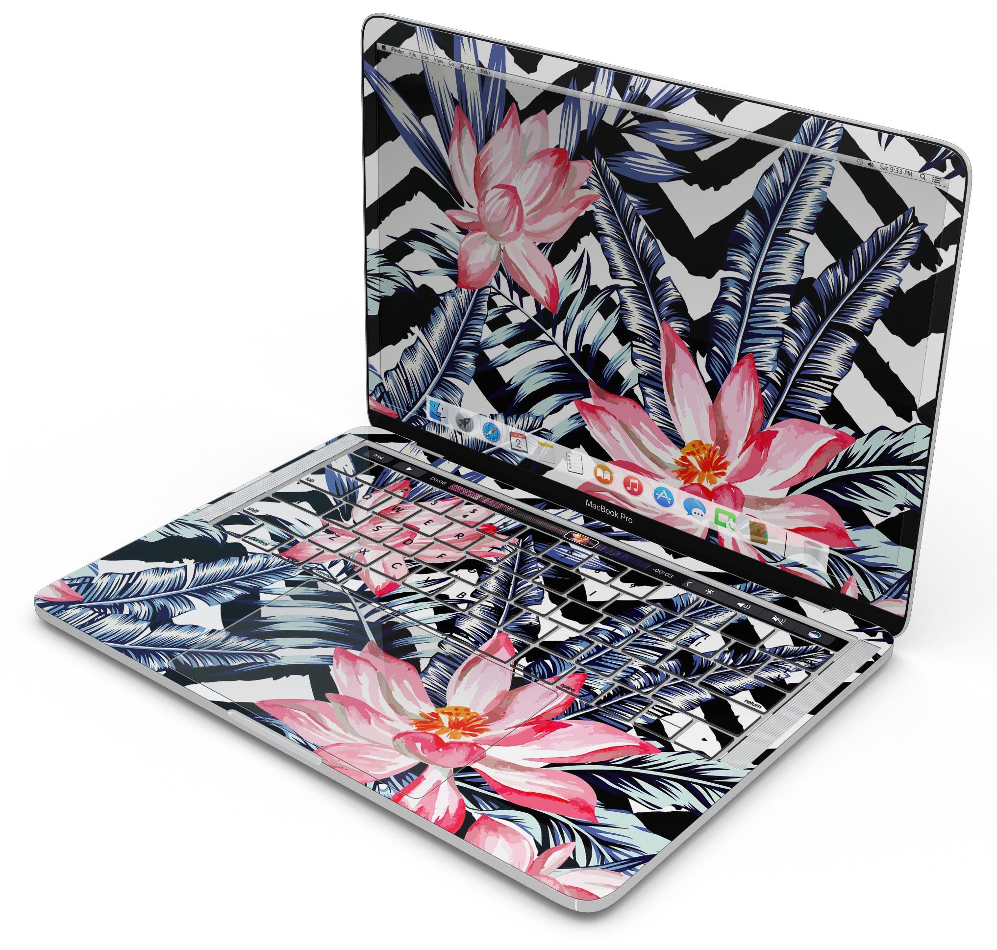 Vivid Tropical Chevron Floral Skin Decal Wrap Kit for MacBook, showcasing vibrant colors and stylish design.