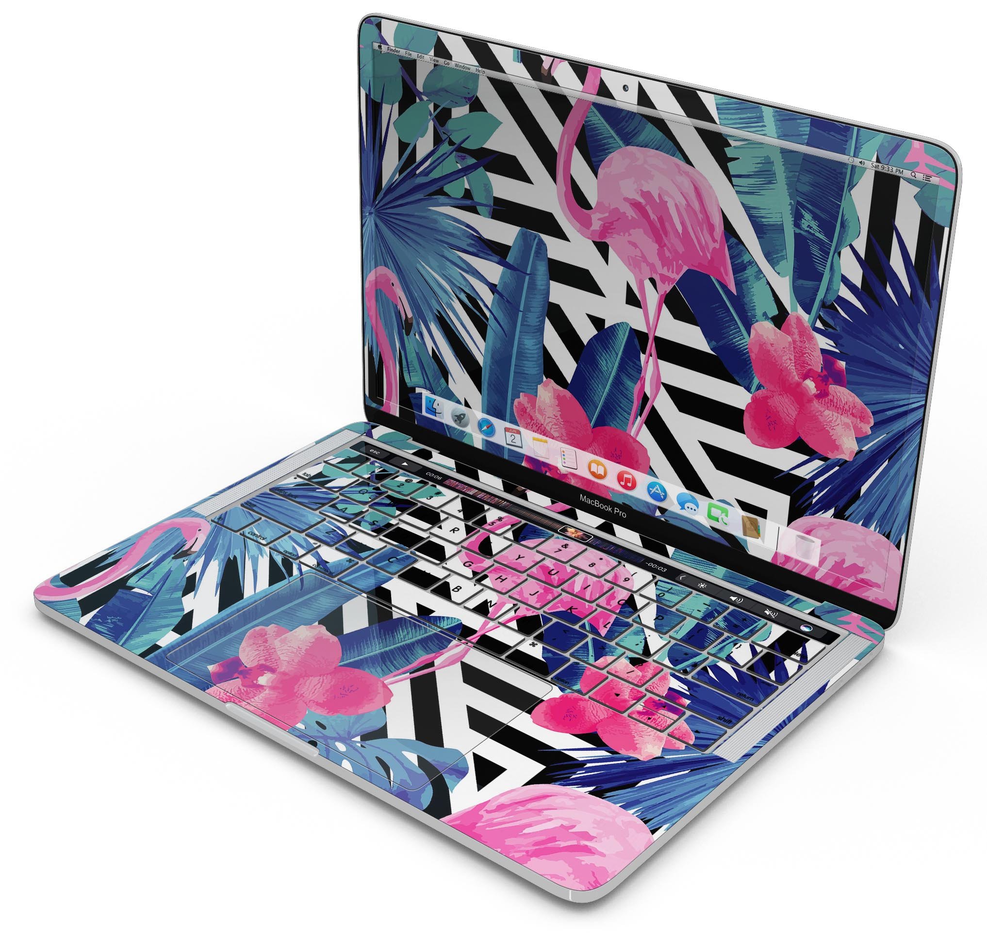 Vivid Tropical Chevron Floral skin decal wrap kit for MacBook, showcasing vibrant colors and intricate floral patterns.